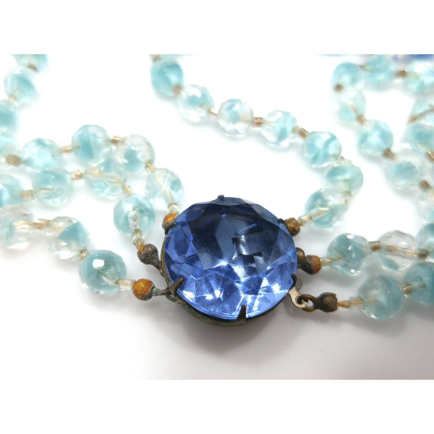 Blue Moonglow Crystal Art Glass Beaded Necklace, Three Strands, Crystal Clasp, 1950s Vintage Jewelry