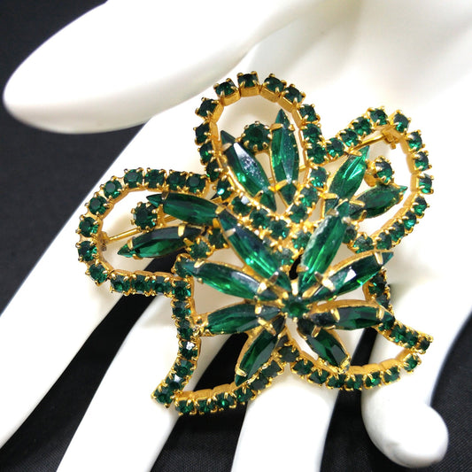 Green Rhinestone Floral Brooch, Gold Plated, 1960s Vintage Jewelry