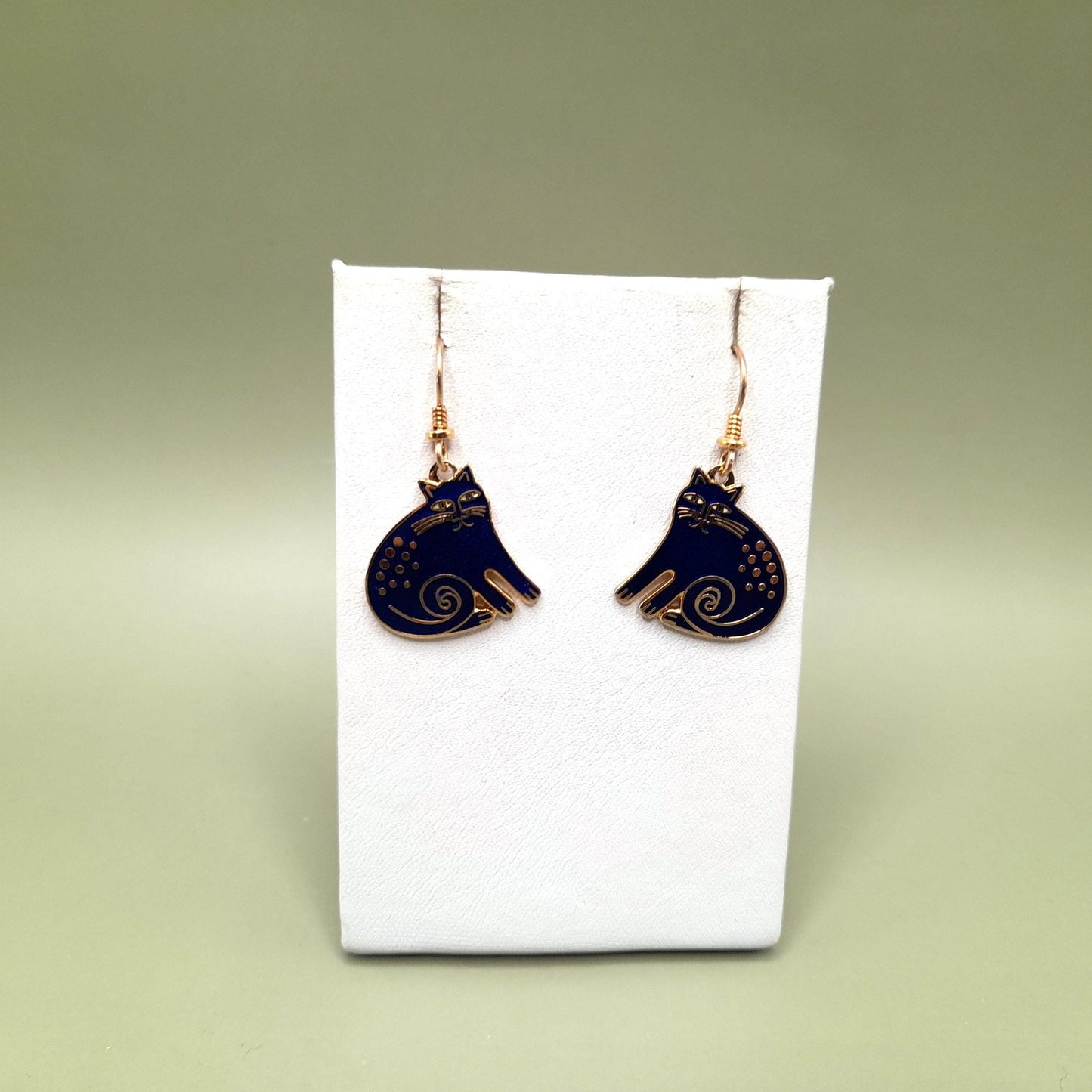 Vintage Laurel Burch "Keshire Cat" Drop Earrings, Blue Enamel, Gold Plate, 1980s Jewelry