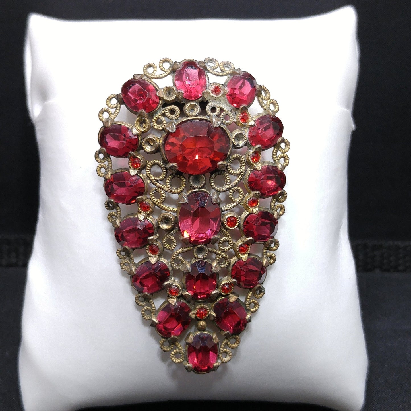 Antique Red Rhinestone Filigree Dress Clip, 1920s Vintage Jewelry