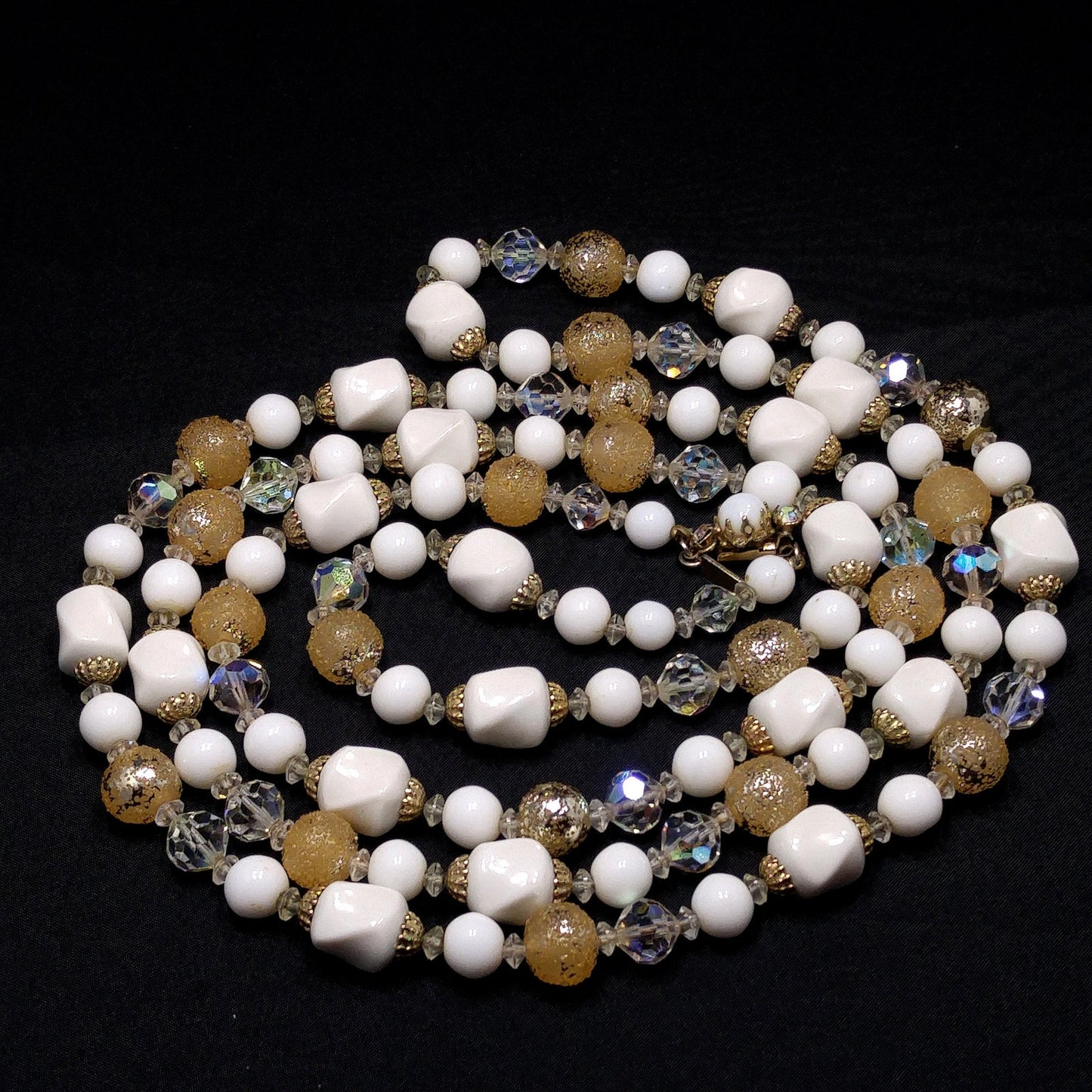 Vendome Long Beaded Crystal & Glass Necklace, Aurora Borealis, Gold Plated, 1960s Vintage Jewelry