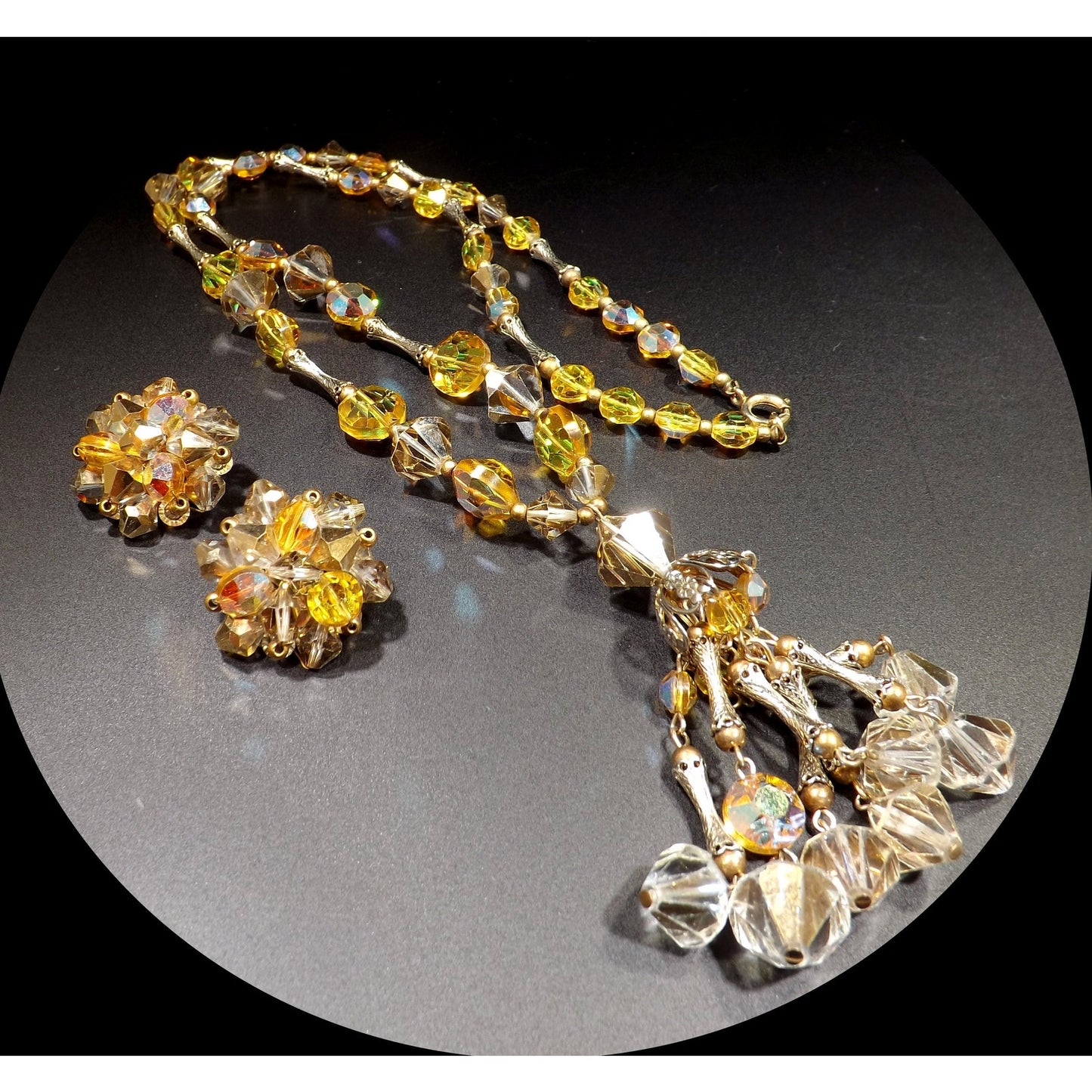 Topaz Crystal Aurora Borealis Gold Filigree Tassel Necklace Earrings, Swarovski Vintage Crystals, 1970s Vintage Jewelry