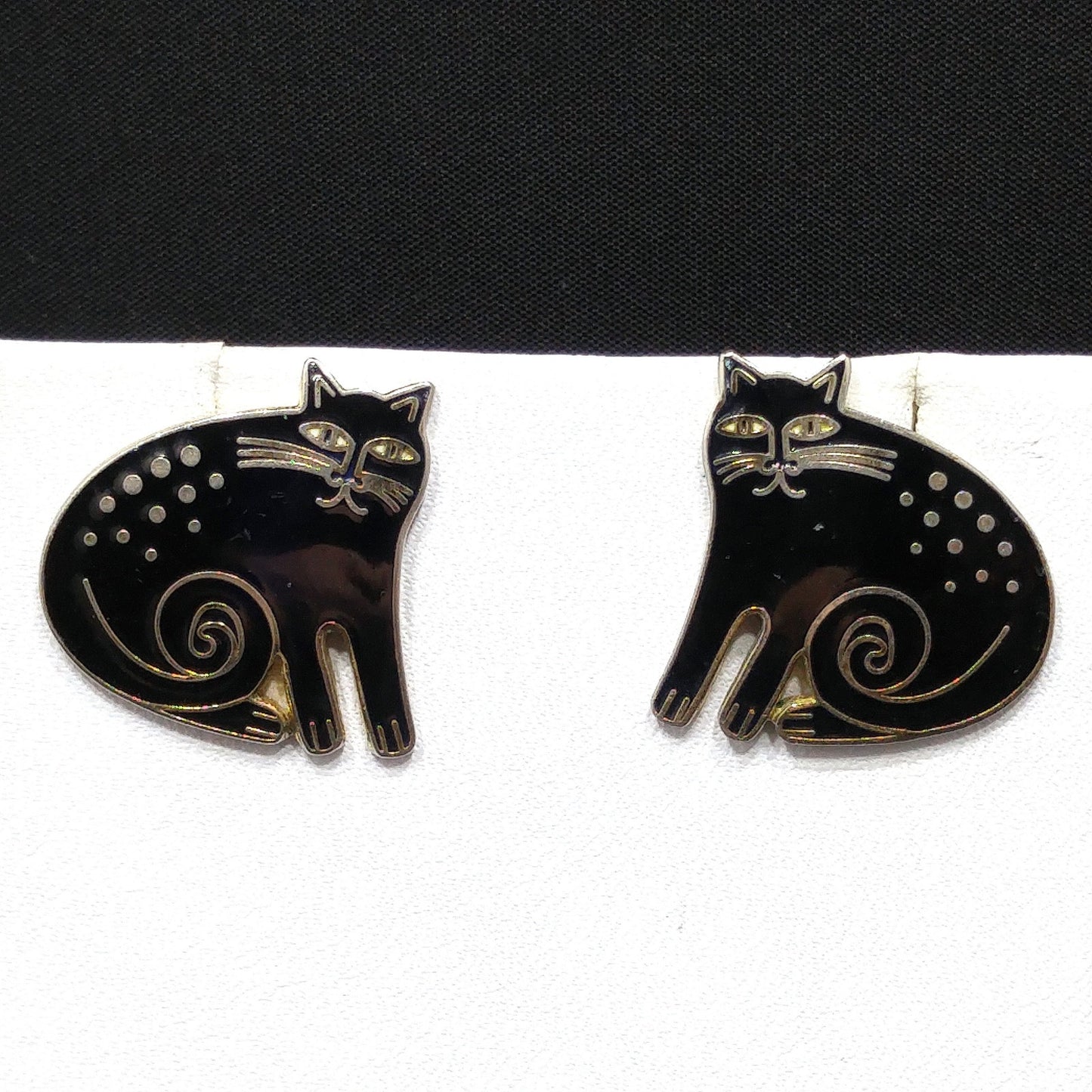 Vintage Laurel Burch "Keshire Cat" Black Post Earrings, Gold Plated