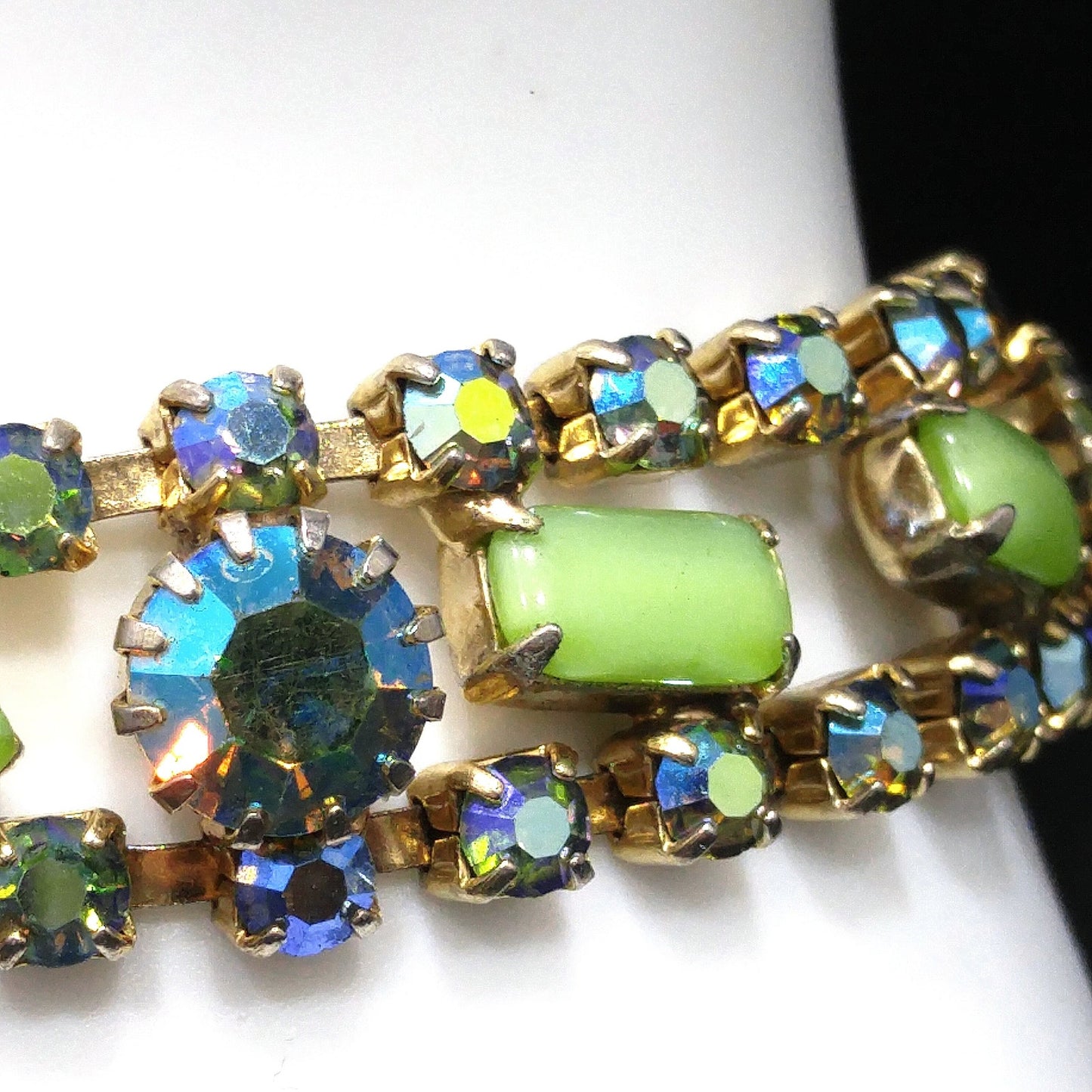 Mid-Century Green Blue AB Rhinestone Bracelet, Aurora Borealis, 1950s Vintage Jewelry