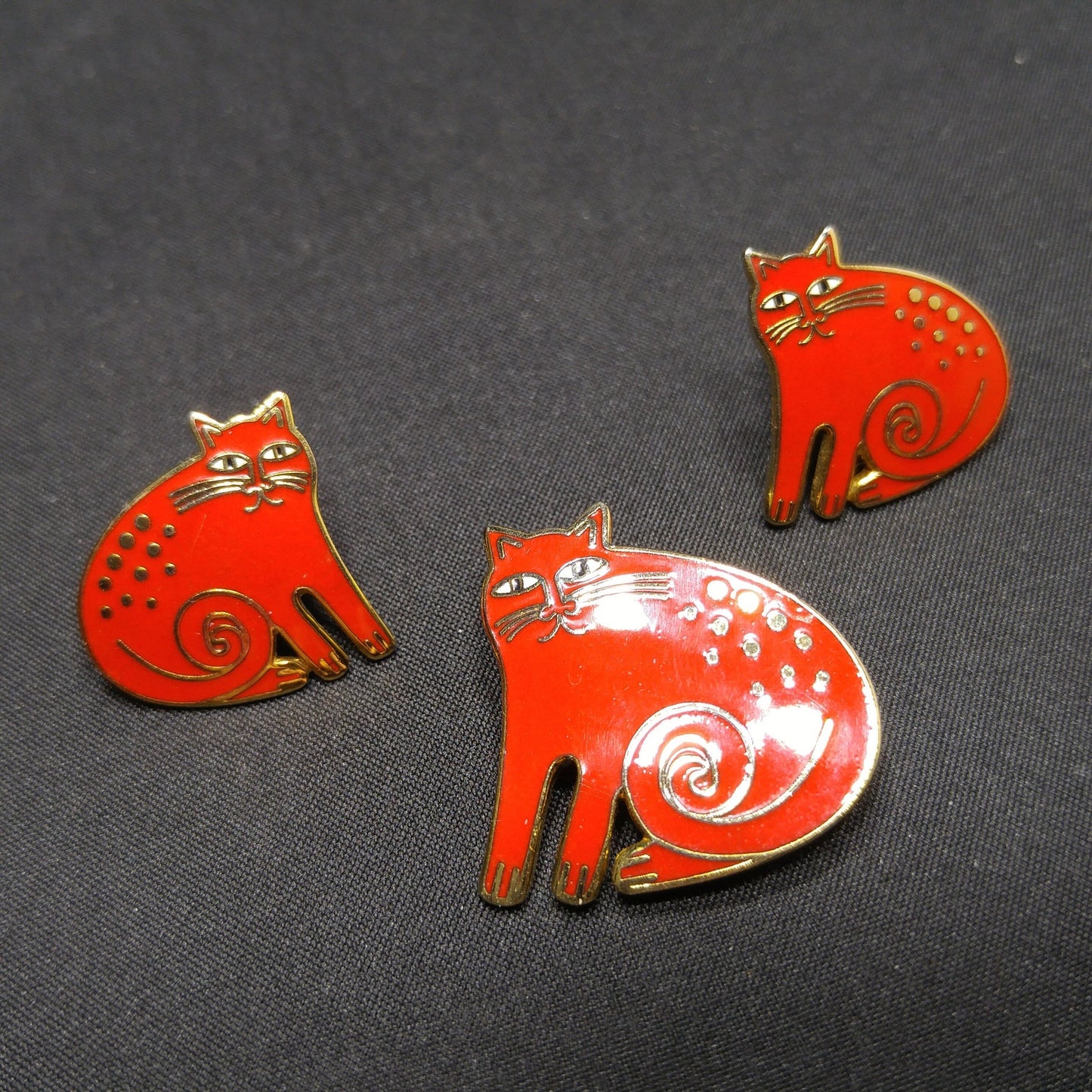 Laurel Burch "Keshire Cat" Red Enamel Brooch & Post Earrings, Gold Plated Cloisonne