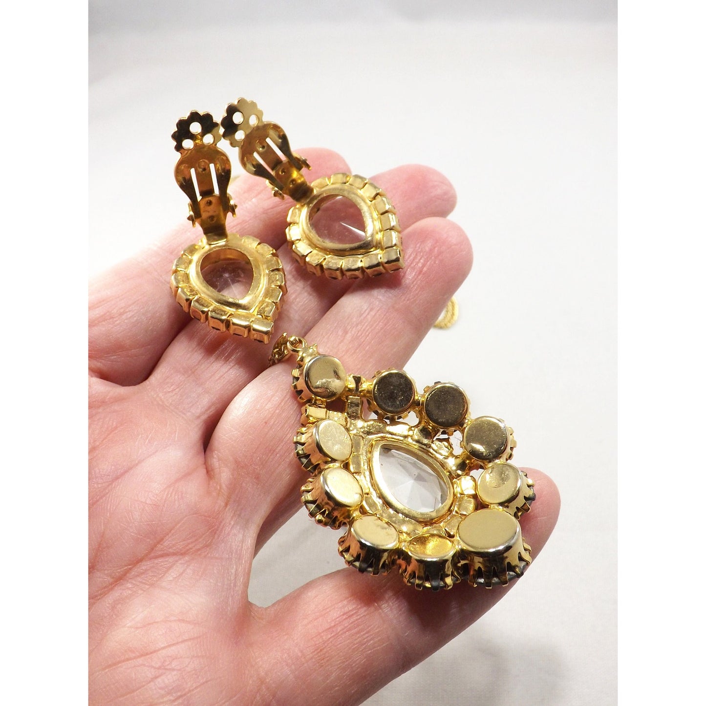 Vintage AB Pendant Necklace & Earrings, Rivoli Rhinestones, Gold Plated
