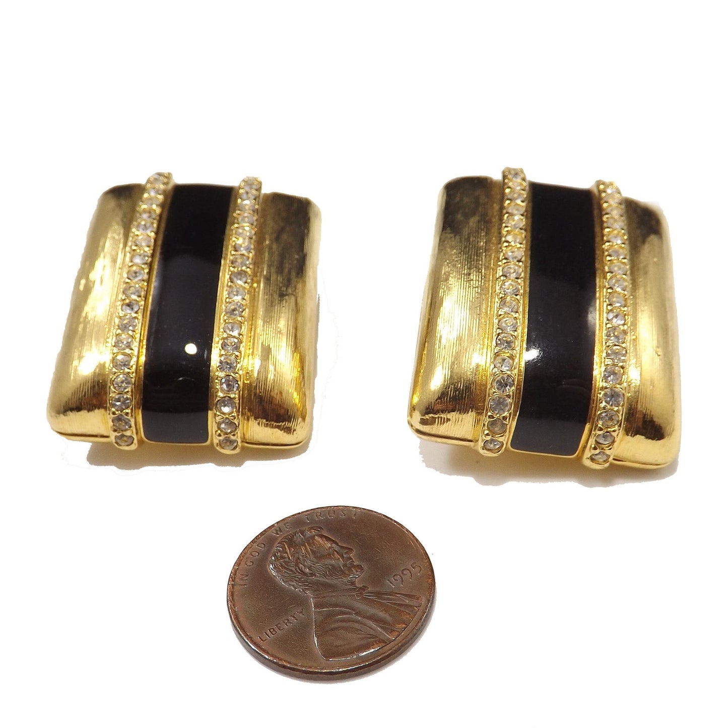 Vintage Swarovski Gold Black Enamel Clip Earrings, Crystal Rhinestones Swan Logo