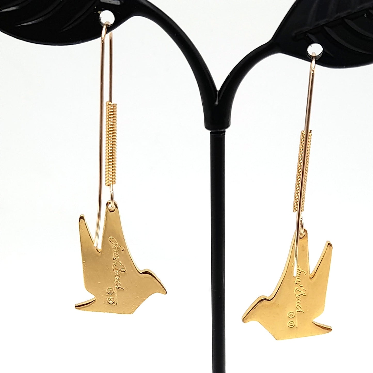 Laurel Burch Long Ear Wire Bird Earrings, Purple Enamel, Gold Plated, 1990s Vintage Jewelry