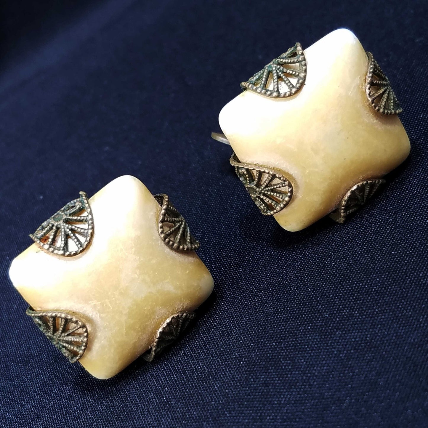 Miriam Haskell Clip Earrings, Gold Tone Pearl Cabochon, Filigree Brass, 1940s Vintage Jewelry