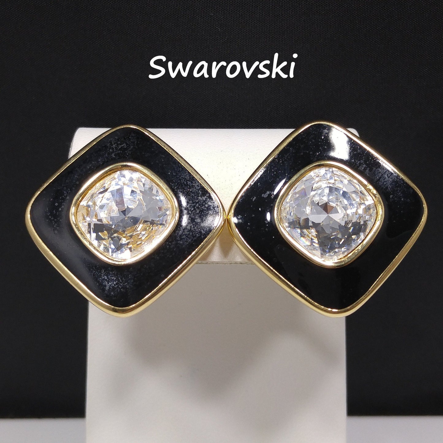 Swarovski S.A.L. Earrings, Clear Crystal & Black Enamel, 1970s–1980s Vintage