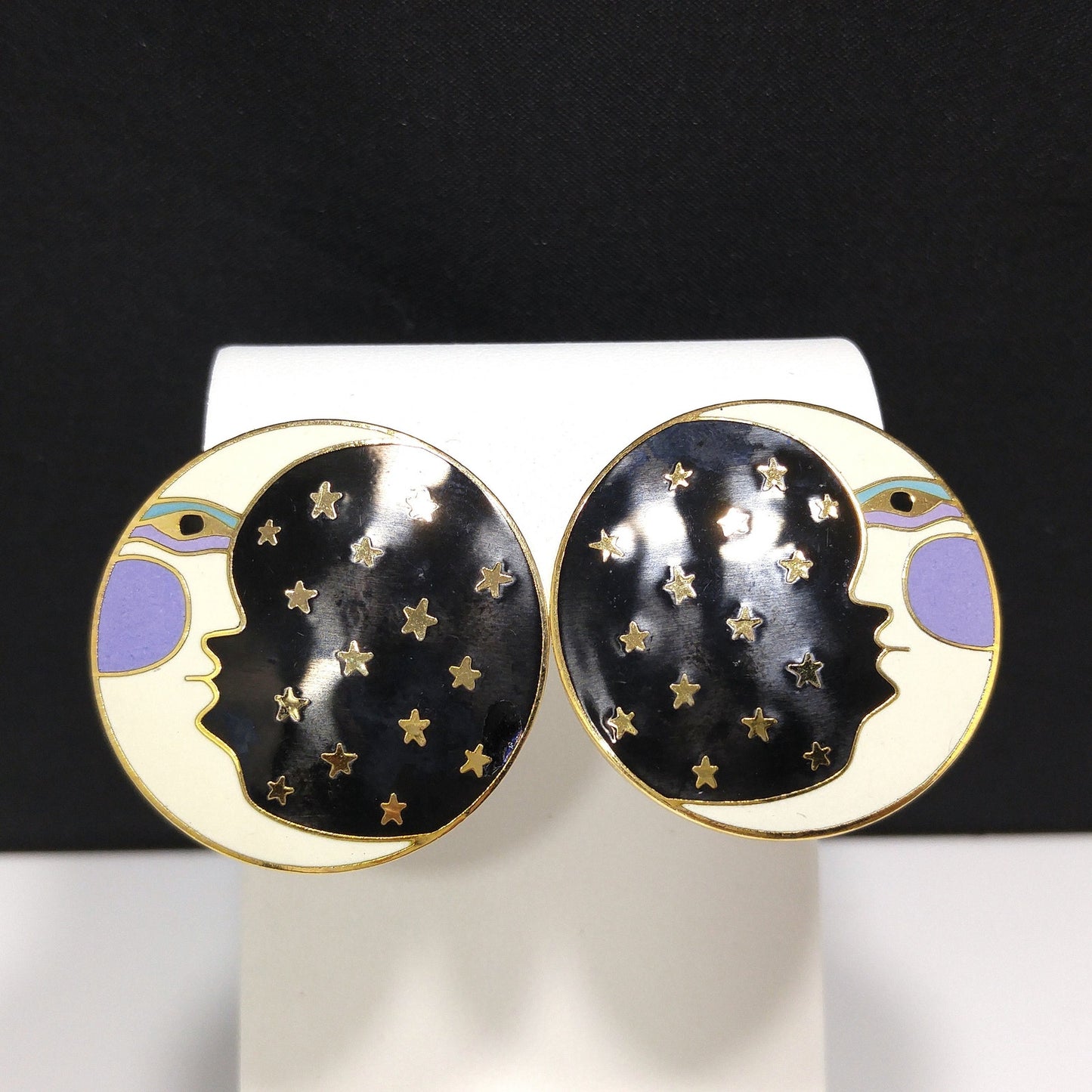 Laurel Burch "Moonface" Large Post Earrings, Cloisonné Gold Plate, Enamel Black White Purple, 1980s Vintage Jewelry