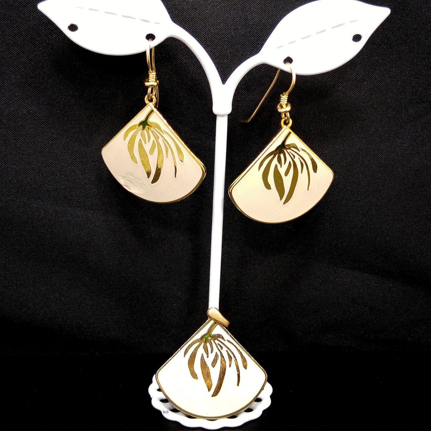 Laurel Burch Willow Earrings & Pendant, Creamy White Enamel, Gold Plated, 1980s Vintage Jewelry