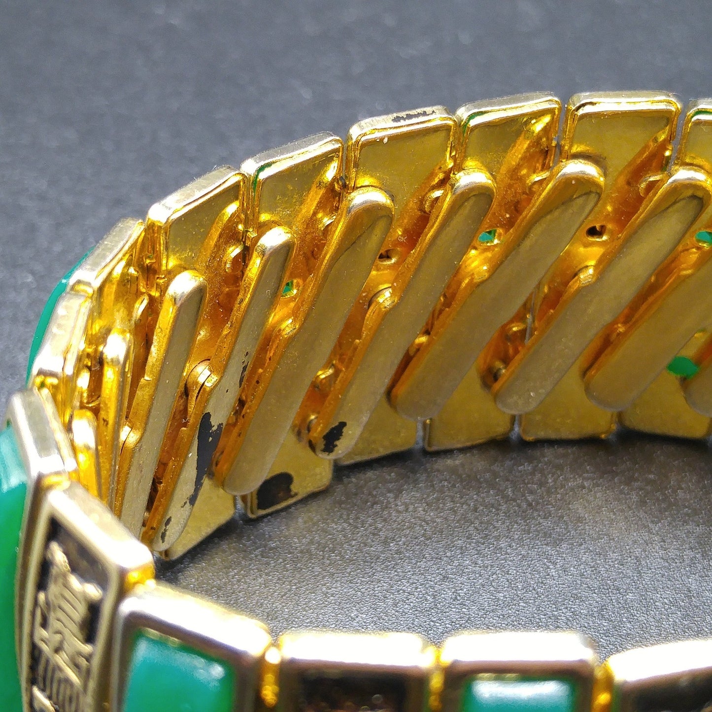 Asian Expansion Wide Bracelet, Green Lucite, Asian Writing, 1960s Vintage Jewelry