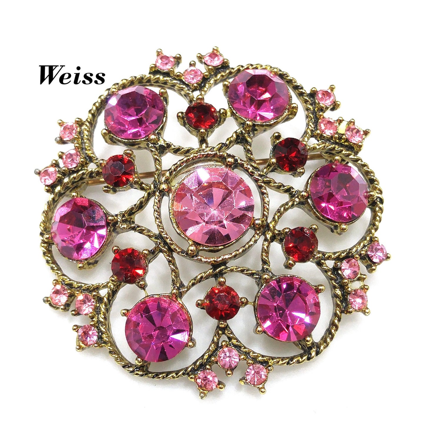 Weiss Pink Rhinestone Brooch, Antique Gold Rope Pin, 1960s Vintage Jewelry