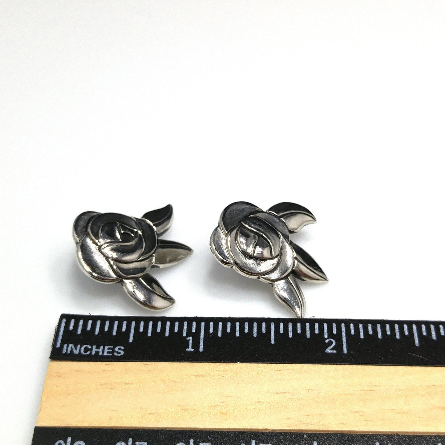 Vintage Laurel Burch Deco Rose Earrings, Rhodium Plated, Black Enamel, 1980s