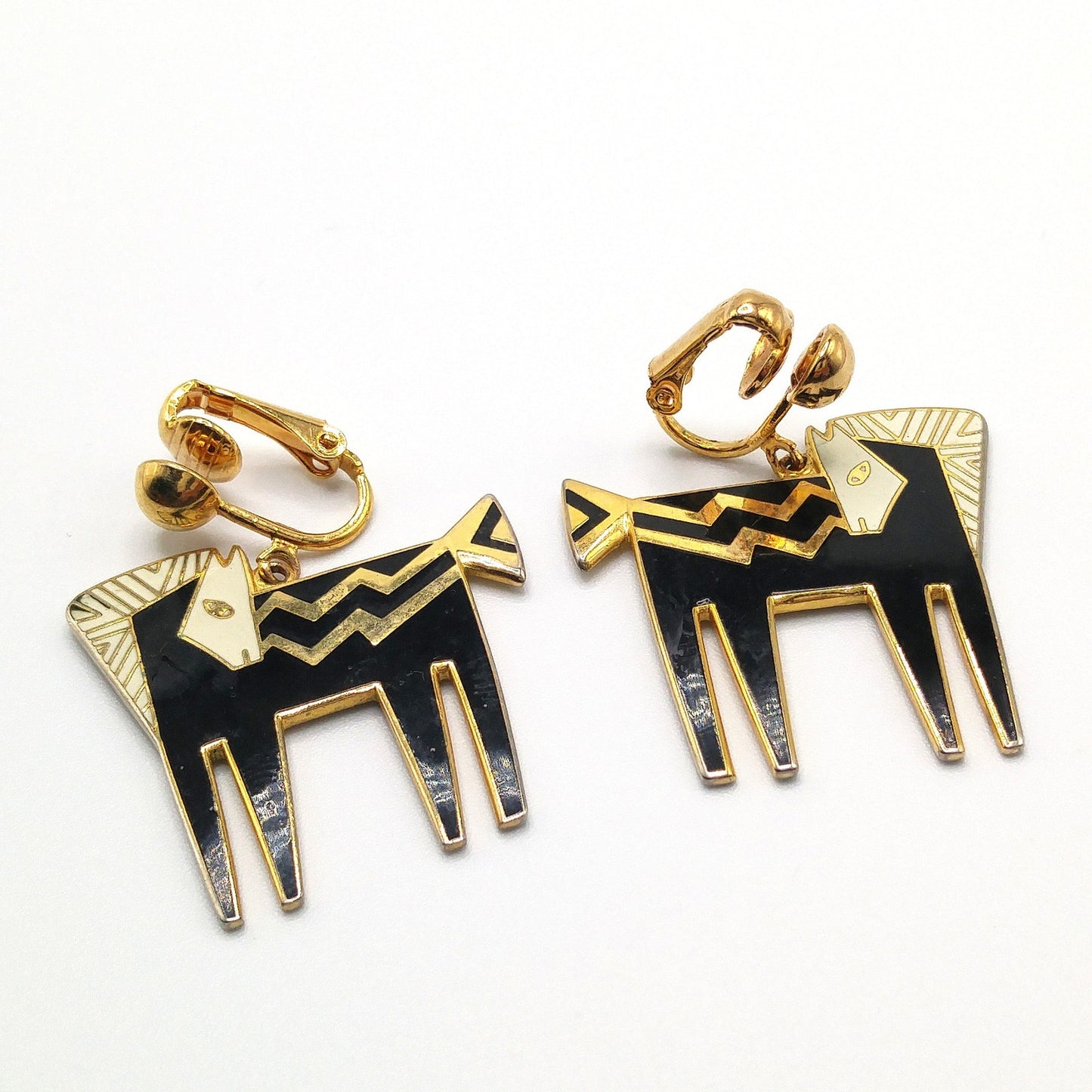 Laurel Burch "Temple Horse" Clip Earrings, Black White Enamel, Gold Plated, 1980s Vintage Jewelry