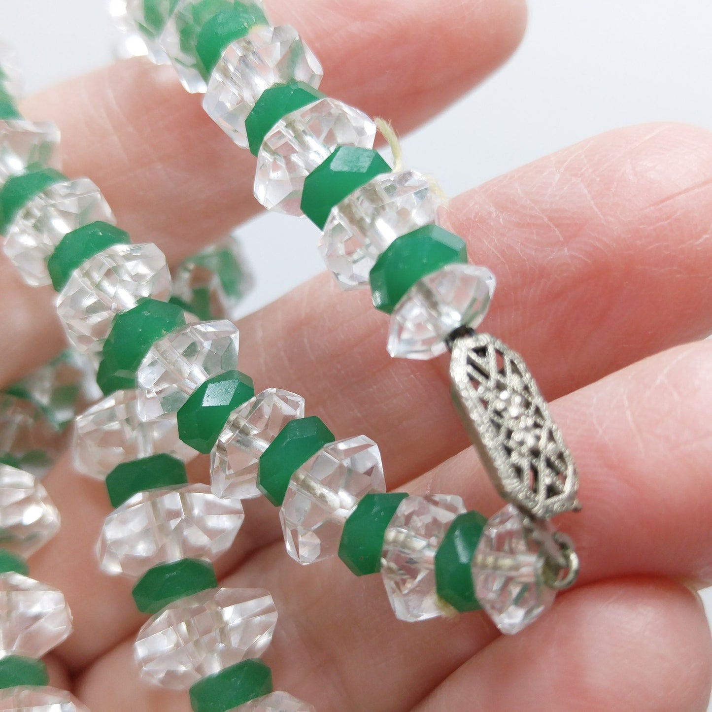 Art Deco Clear Quartz Beaded Necklace, Green Glass Spacer Beads, 1920s, 14KGF
