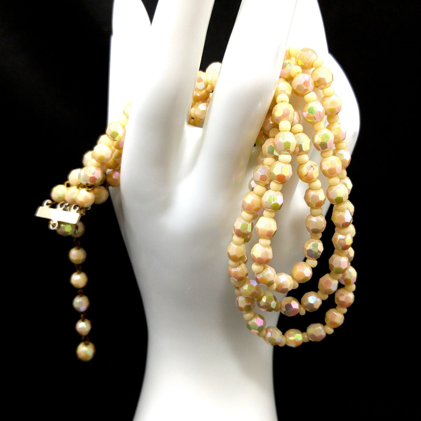 West Germany Fire Polished Beige Beaded Necklace, Three Strands, 1950s Vintage Jewelry