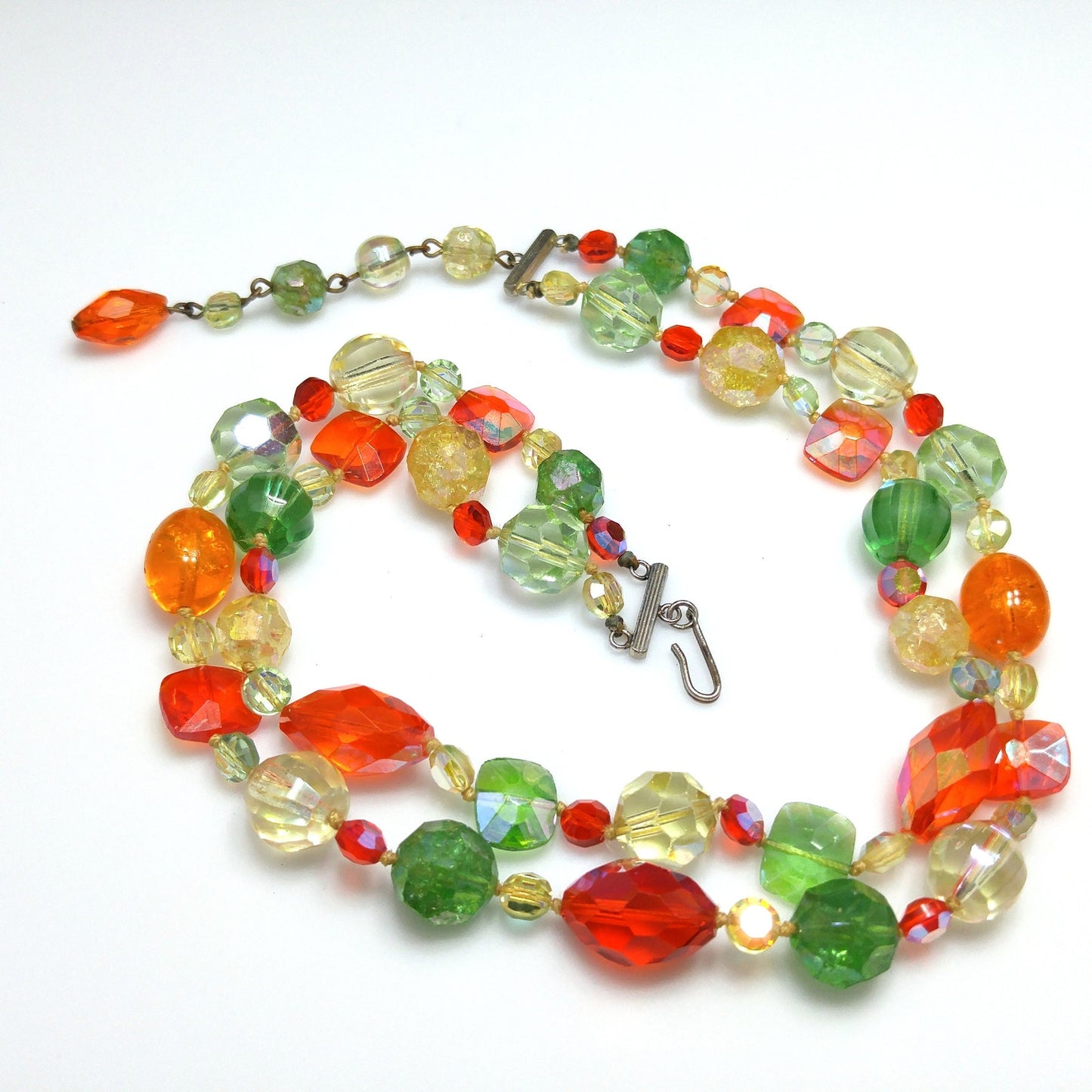 Crystal & Molded Glass Beaded Necklace, Orange Green Yellow, 1950s Vintage Jewelry