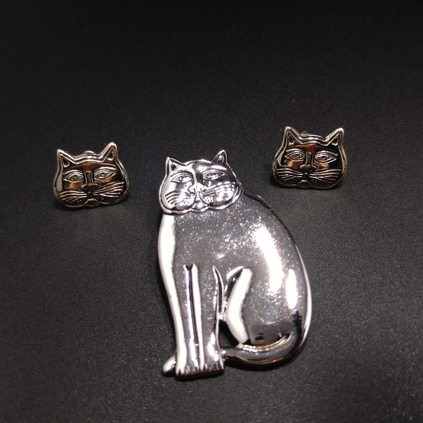 Laurel Burch Cat Brooch & Earrings, Rhodium Plated, 1980s Vintage Jewelry