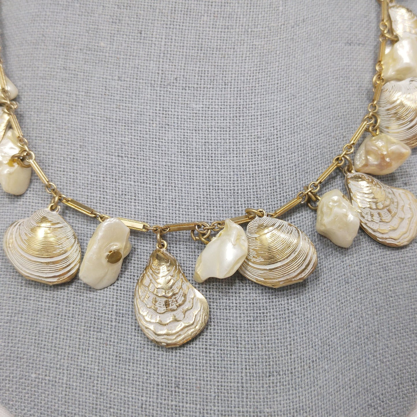 Sea Shell & Faux Pearl Charm Necklace, Gold Tone Chain, 1950s Vintage Jewelry