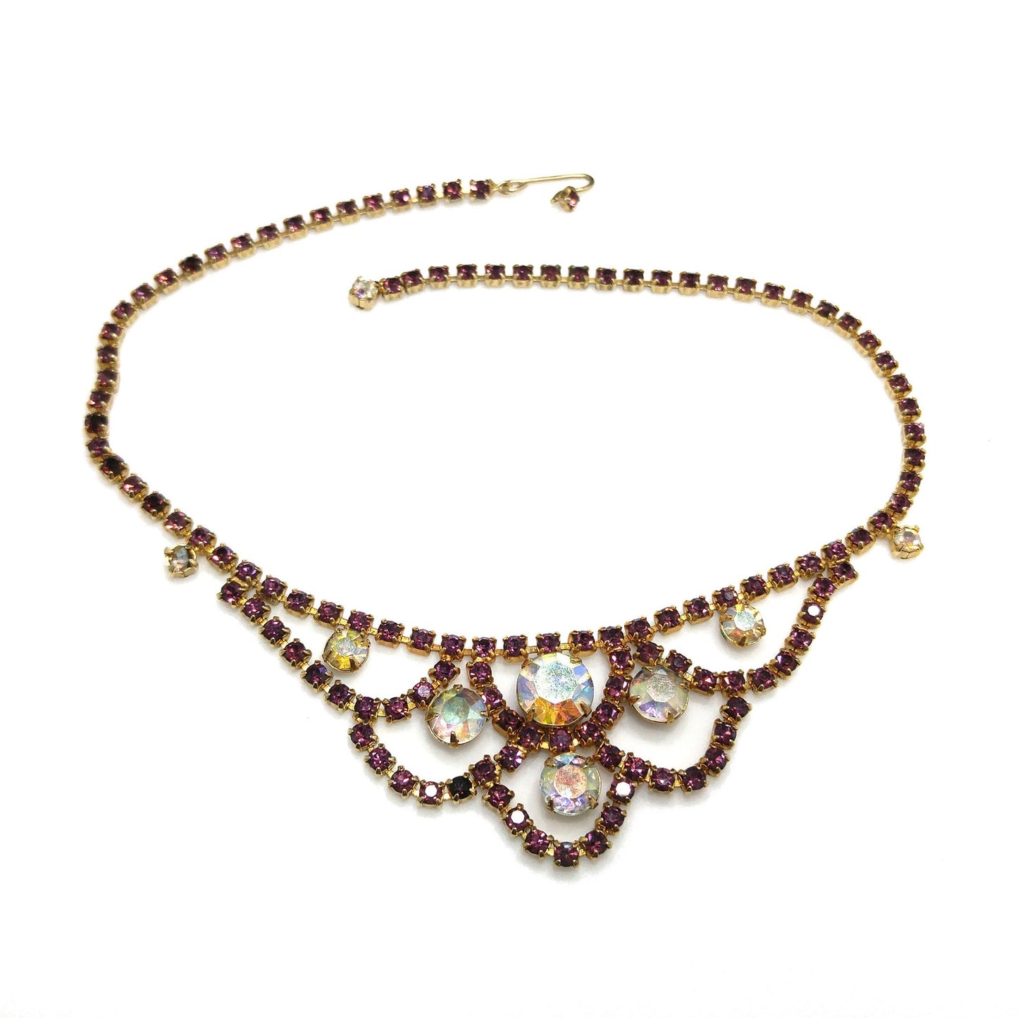 Vintage Purple AB Clear Rhinestone Choker Necklace, Gold Plated, Aurora Borealis, 1960s Vintage Jewelry