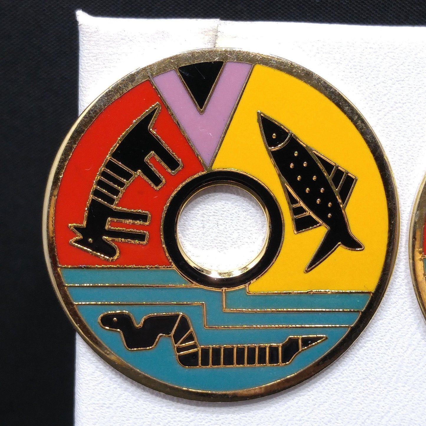 Laurel Burch "Artifact" Post Earrings, Fish Snake Dog Enamel Cloisonne, 1980s Vintage Jewelry