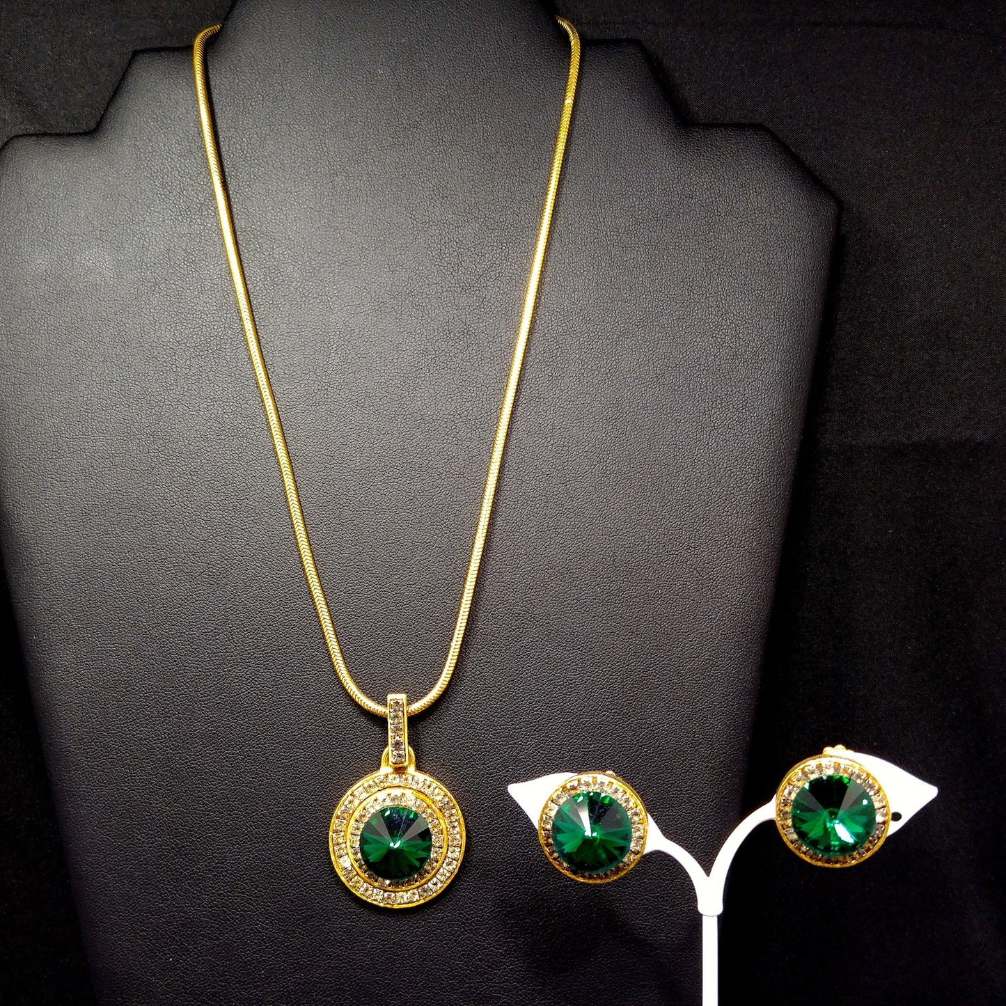 Vintage Green Rivoli Necklace & Earrings, Pave Clear Rhinestones, 1970s Vintage Jewelry
