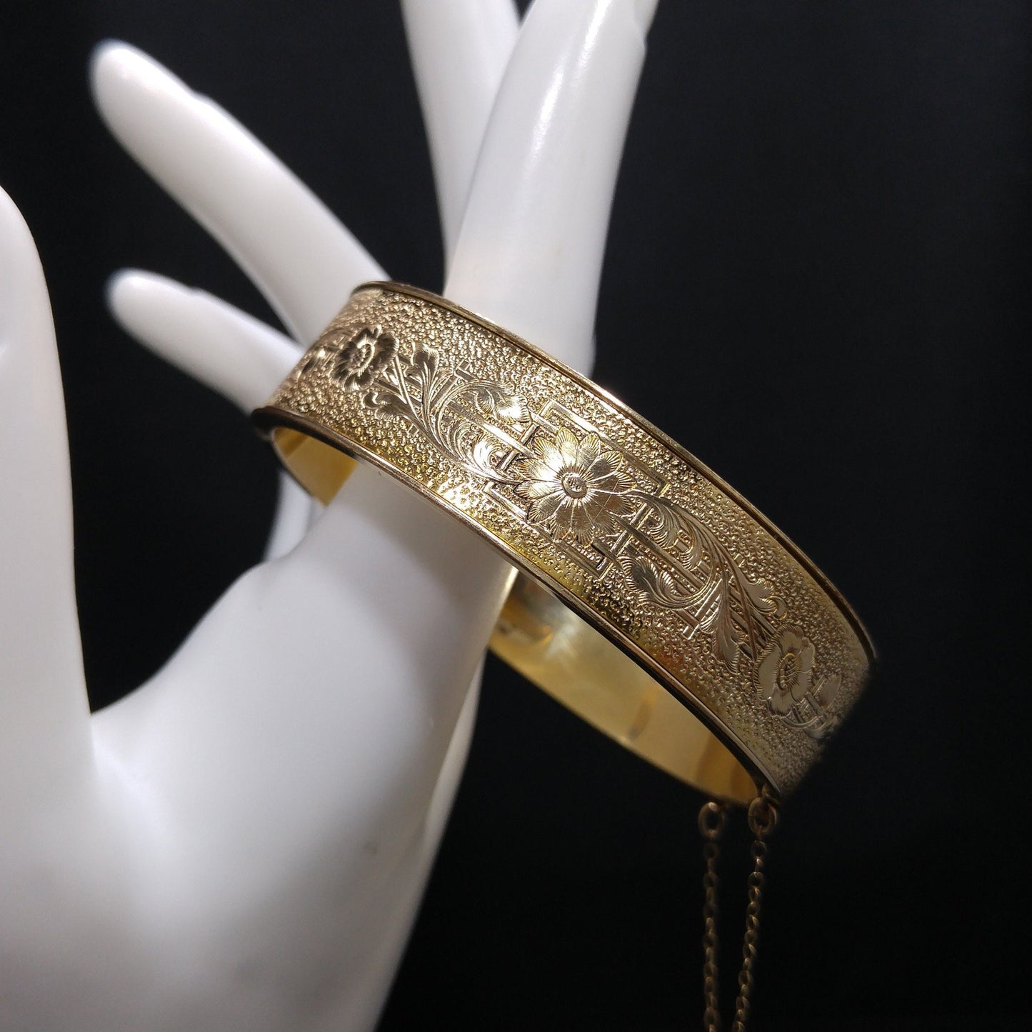 Vintage 10KT Gold Filled Bracelet, Safety Chain, Floral Embossed, 1930s Vintage Jewelry