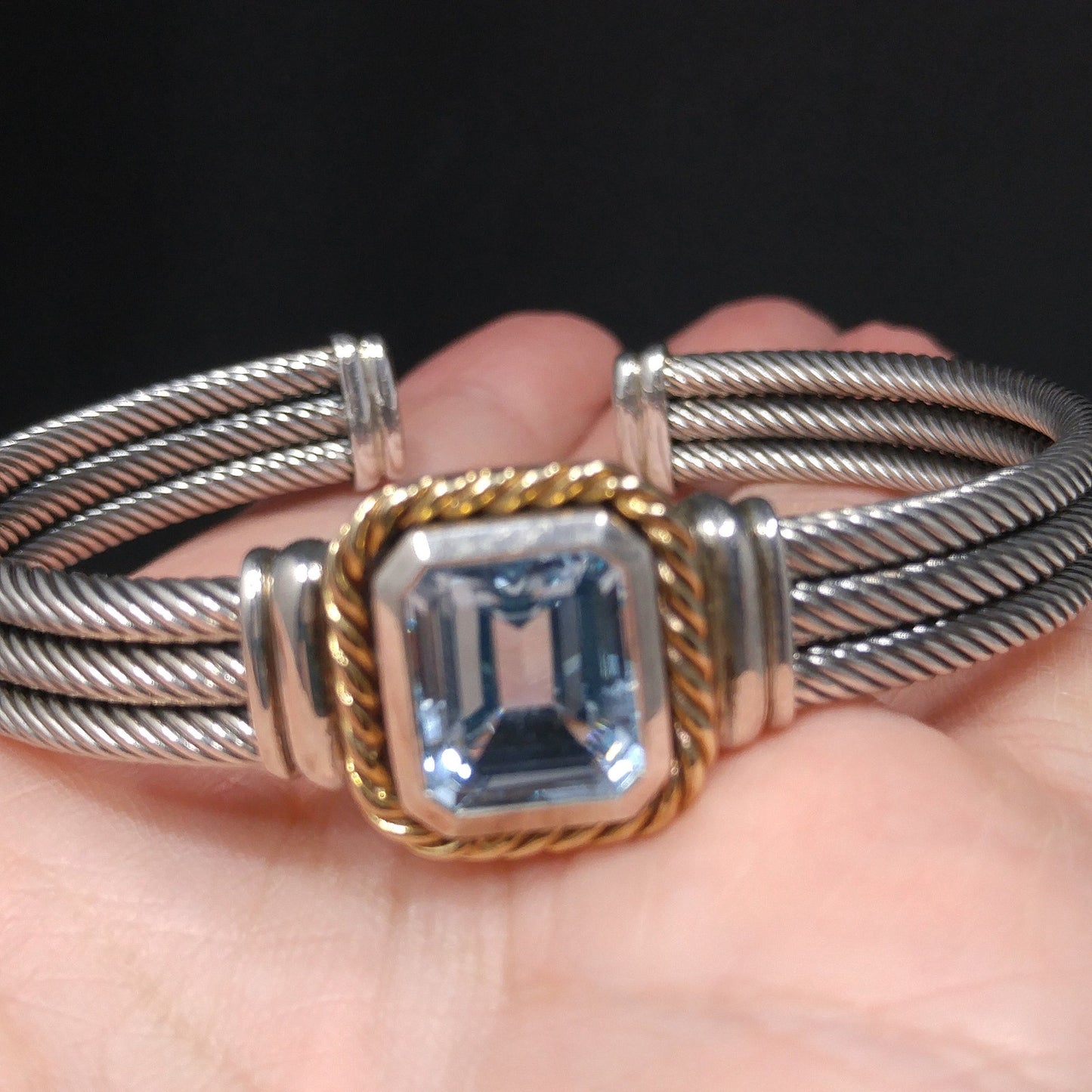 Blue Topaz Sterling Gold Trim Cuff Bracelet, Thailand 925 14K, 1990s Vintage Jewelry