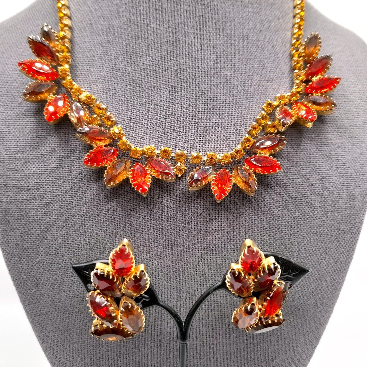 Vintage Orange Topaz Rhinestone Necklace Earrings Set, Gold Plated, 1960s