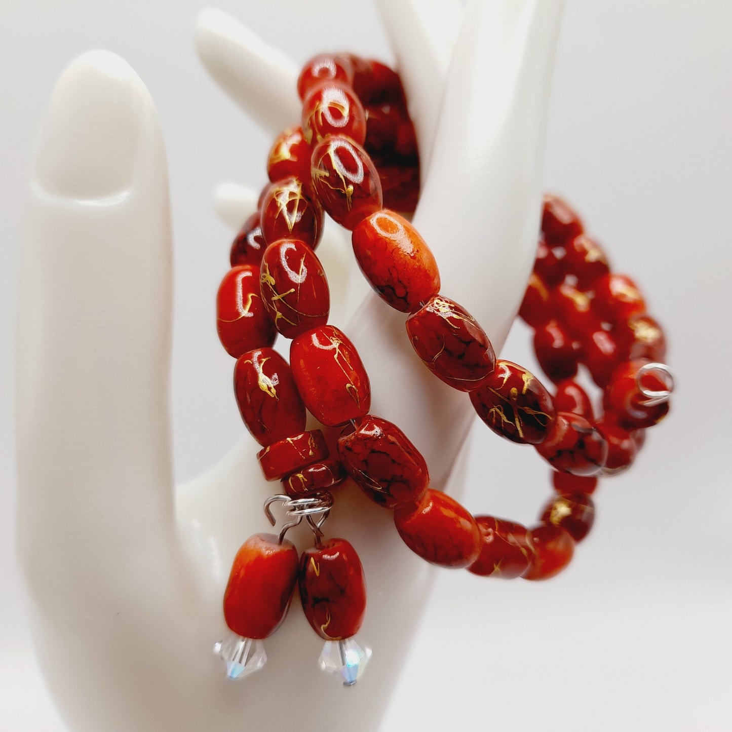 Vintage Asian Beaded Memory Wire Bracelet Red Glass Gold Accents Handmade Jewelry