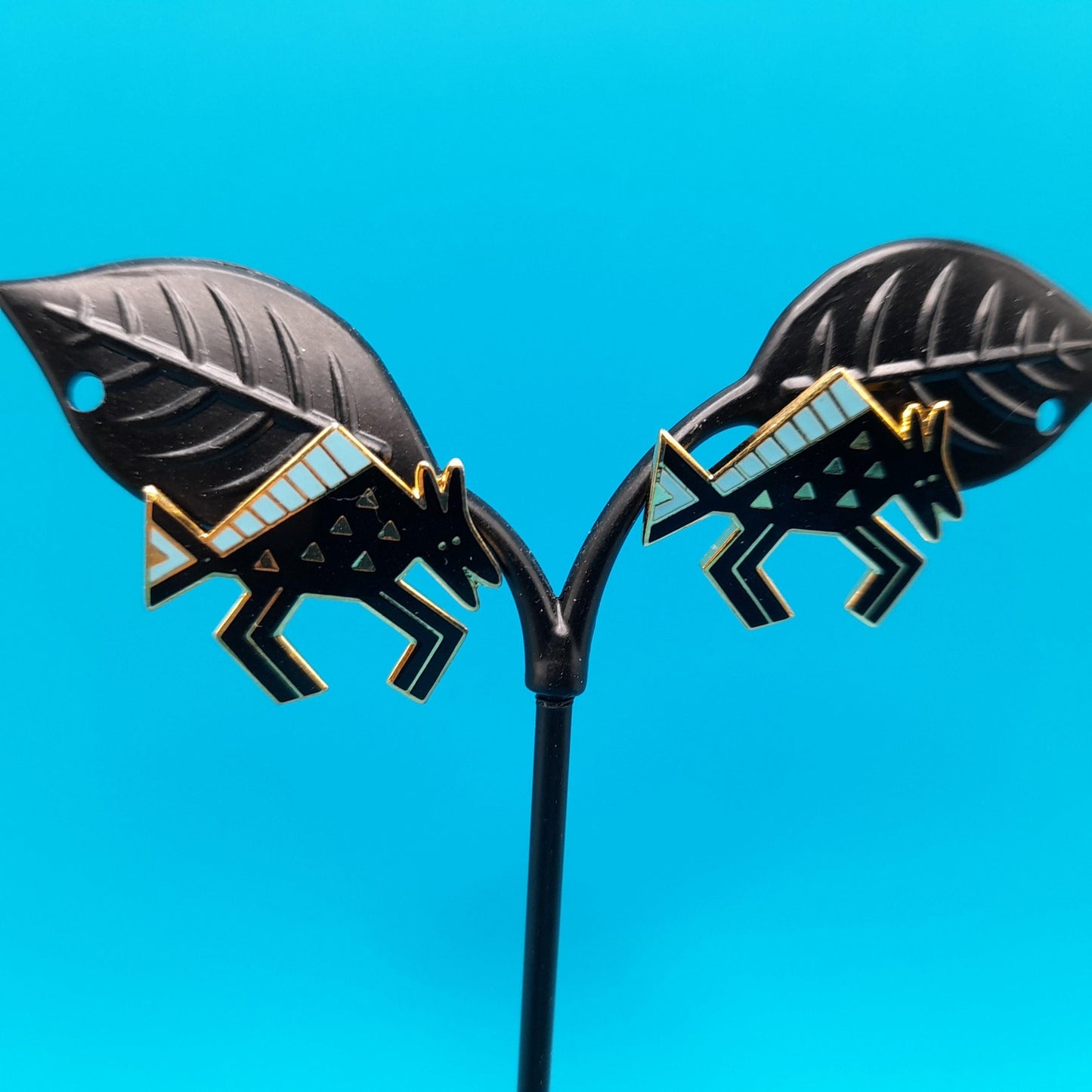 Vintage Laurel Burch "Bison" Post Earrings, Black Blue Enamel, Gold Plated