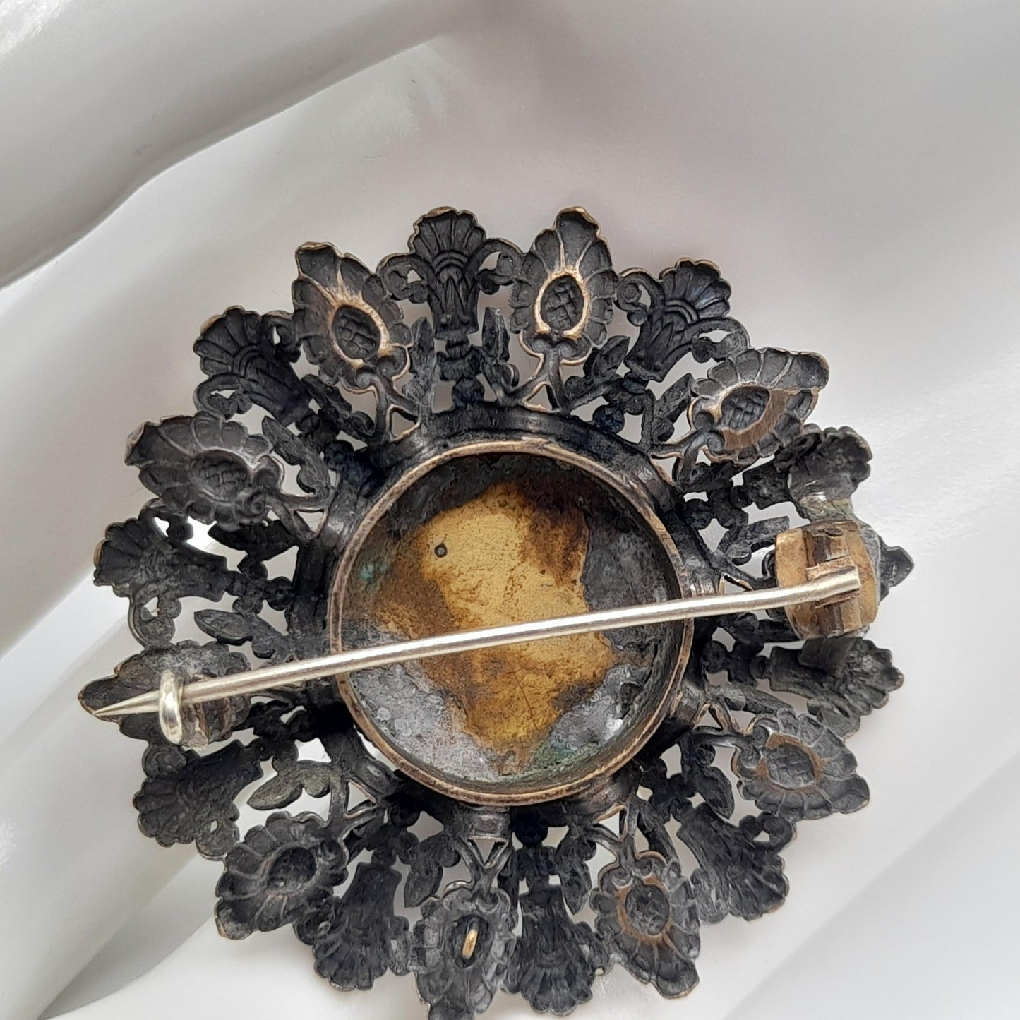 Antique Edwardian Portrait Brooch, C Clasp, Brass Filigree, Early 1900s