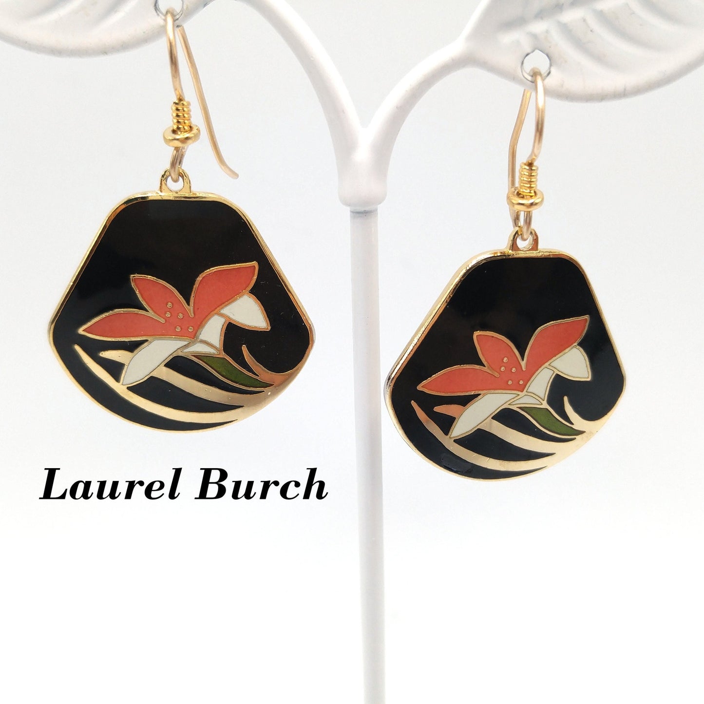 Vintage Laurel Burch Orange Lily Earrings, Cloisonne Enamel, Gold Plated, 1980s