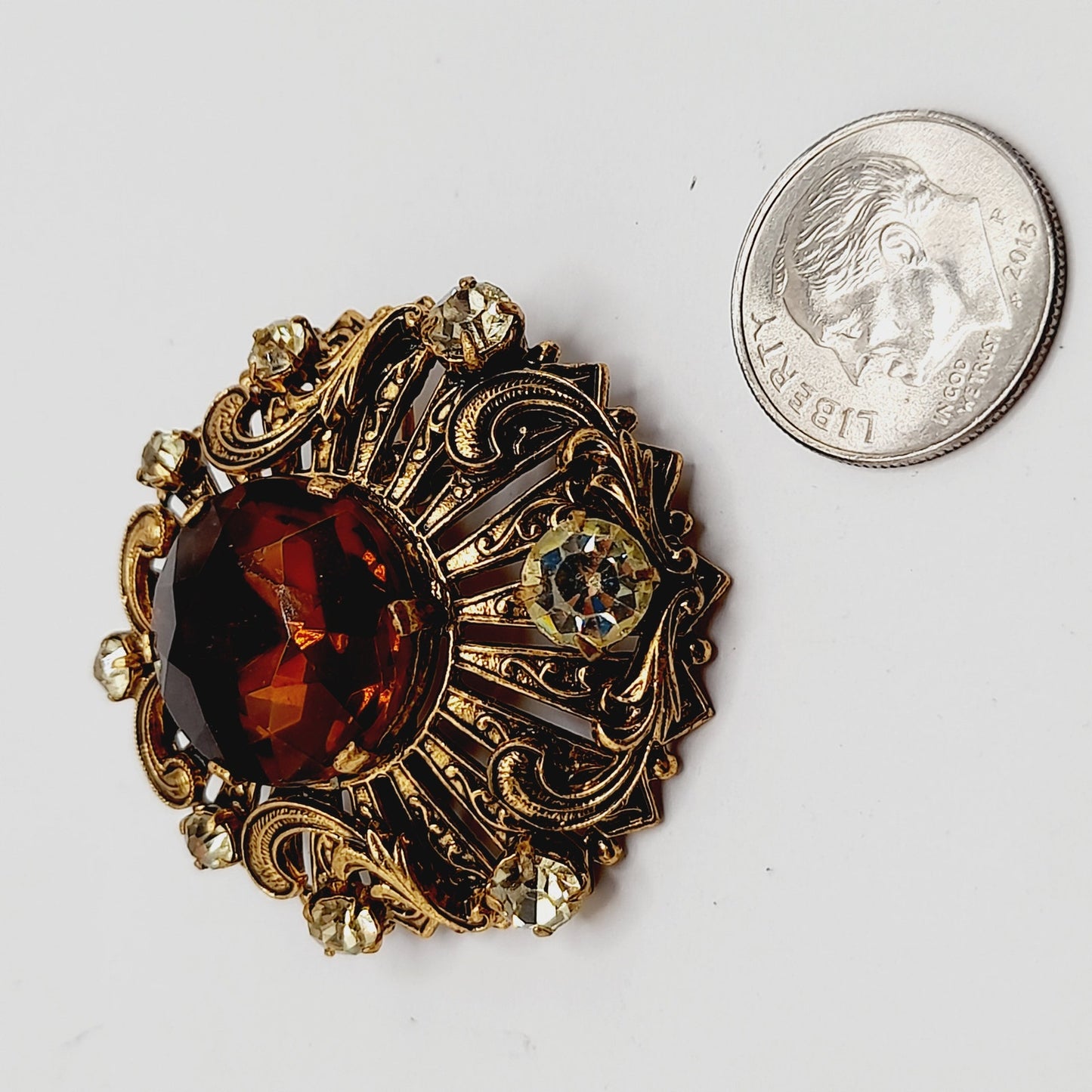 Vintage 1940s Topaz Rhinestone Filigree Brooch West Germany Style - 1 3/8 Inches