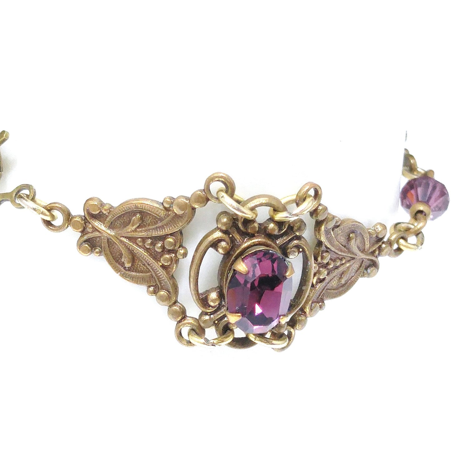 Sadie Green Art Nouveau Purple Bracelet, Golden Brass & Faux Amethyst, 6 3/4" Length, 1980s Vintage Jewelry