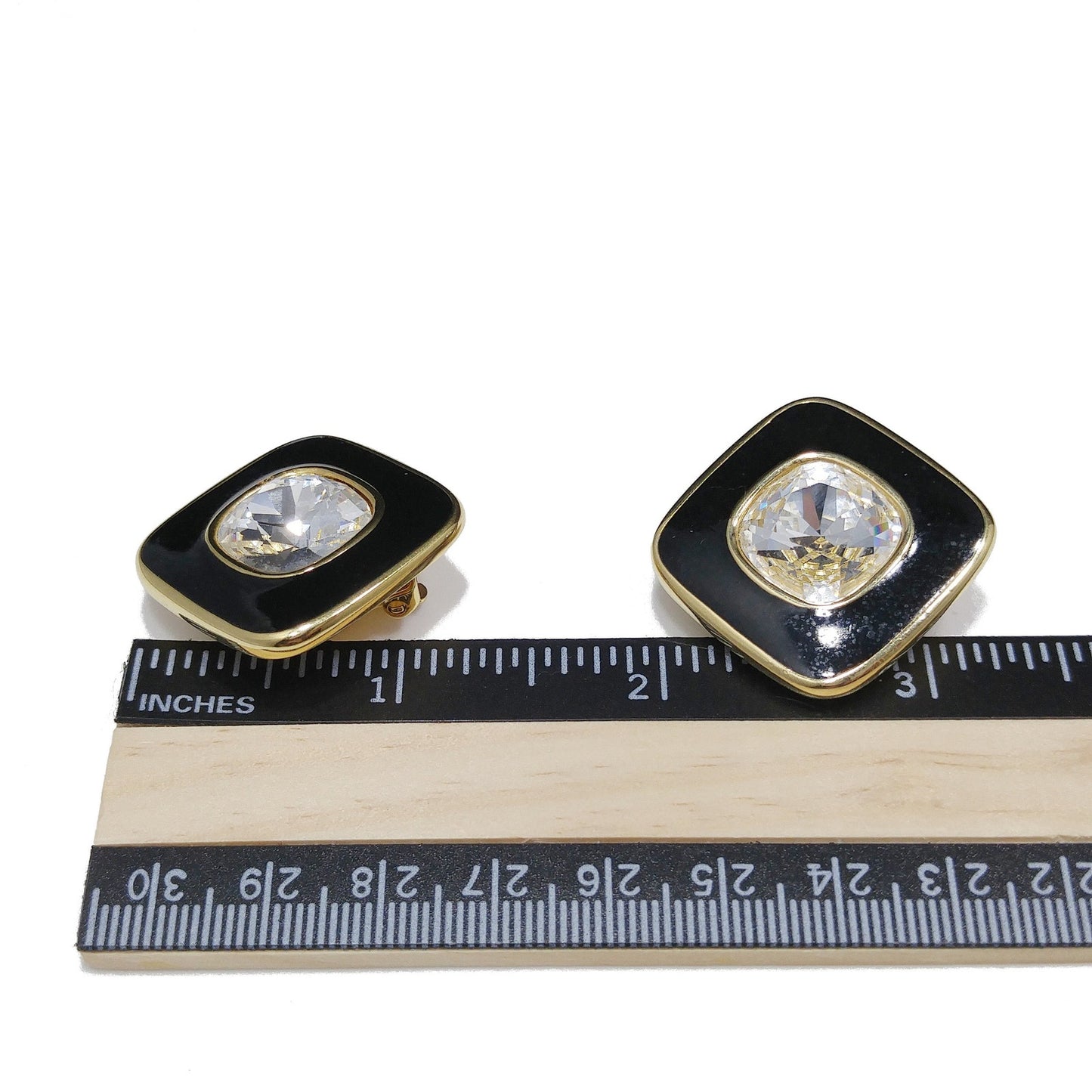 Swarovski S.A.L. Earrings, Clear Crystal & Black Enamel, 1970s–1980s Vintage