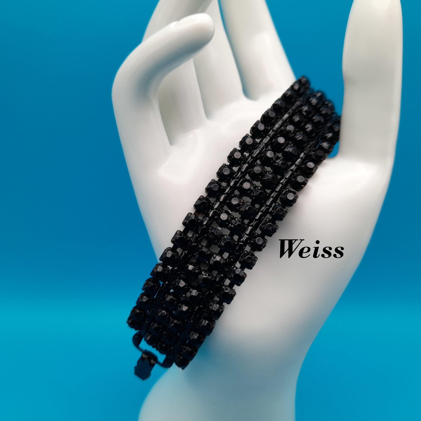 Vintage Weiss Black Rhinestone Bracelet, Japanned Finish, 1960s Jewelry