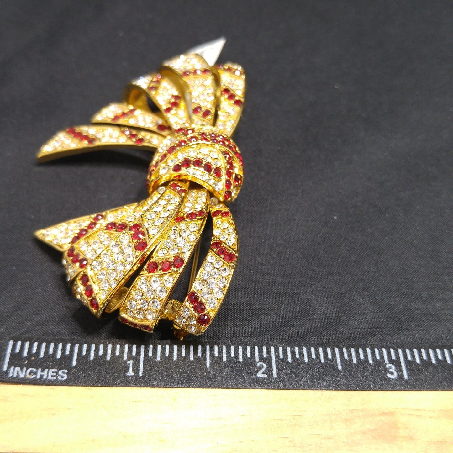 Ciner Red and Clear Rhinestone Bow Brooch – Vintage Gold Plated Large Statement Pin