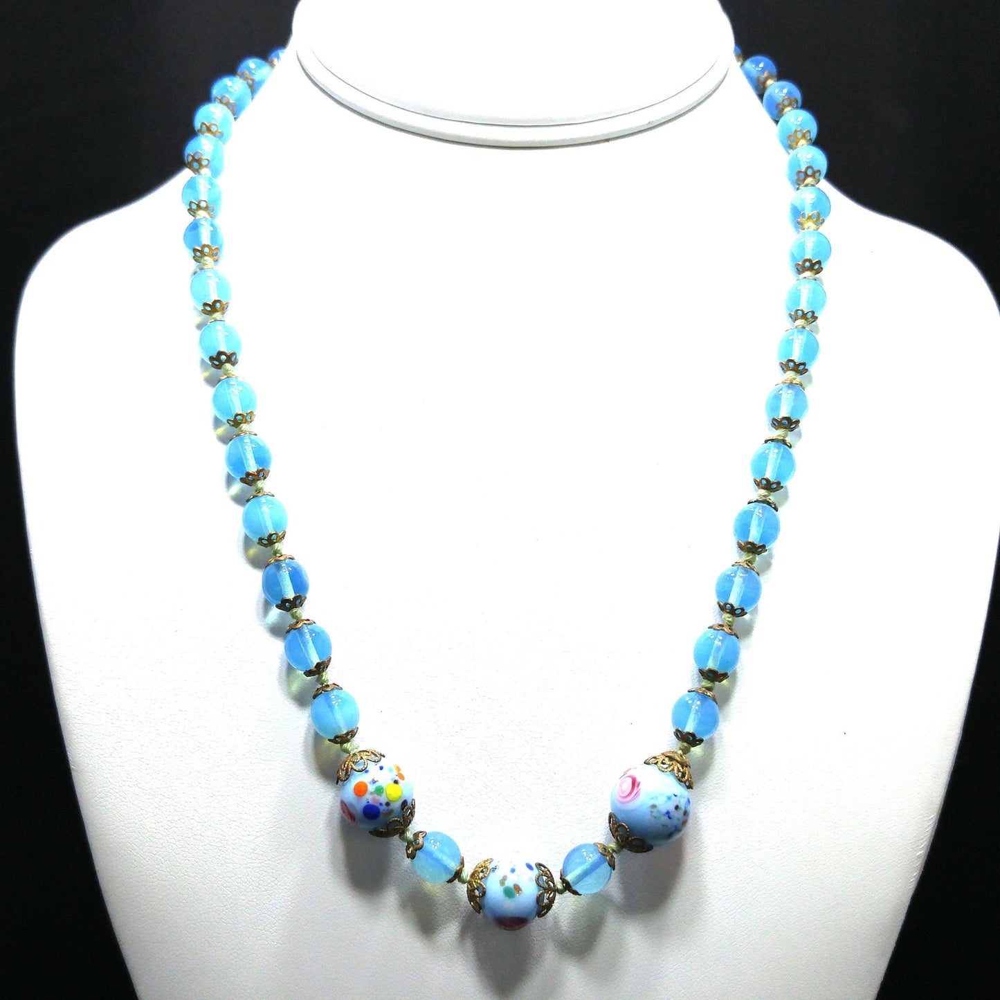 Murano Bead Hand Knotted Necklace, Three Wedding Cake Beads, 1950s Vintage Jewelry