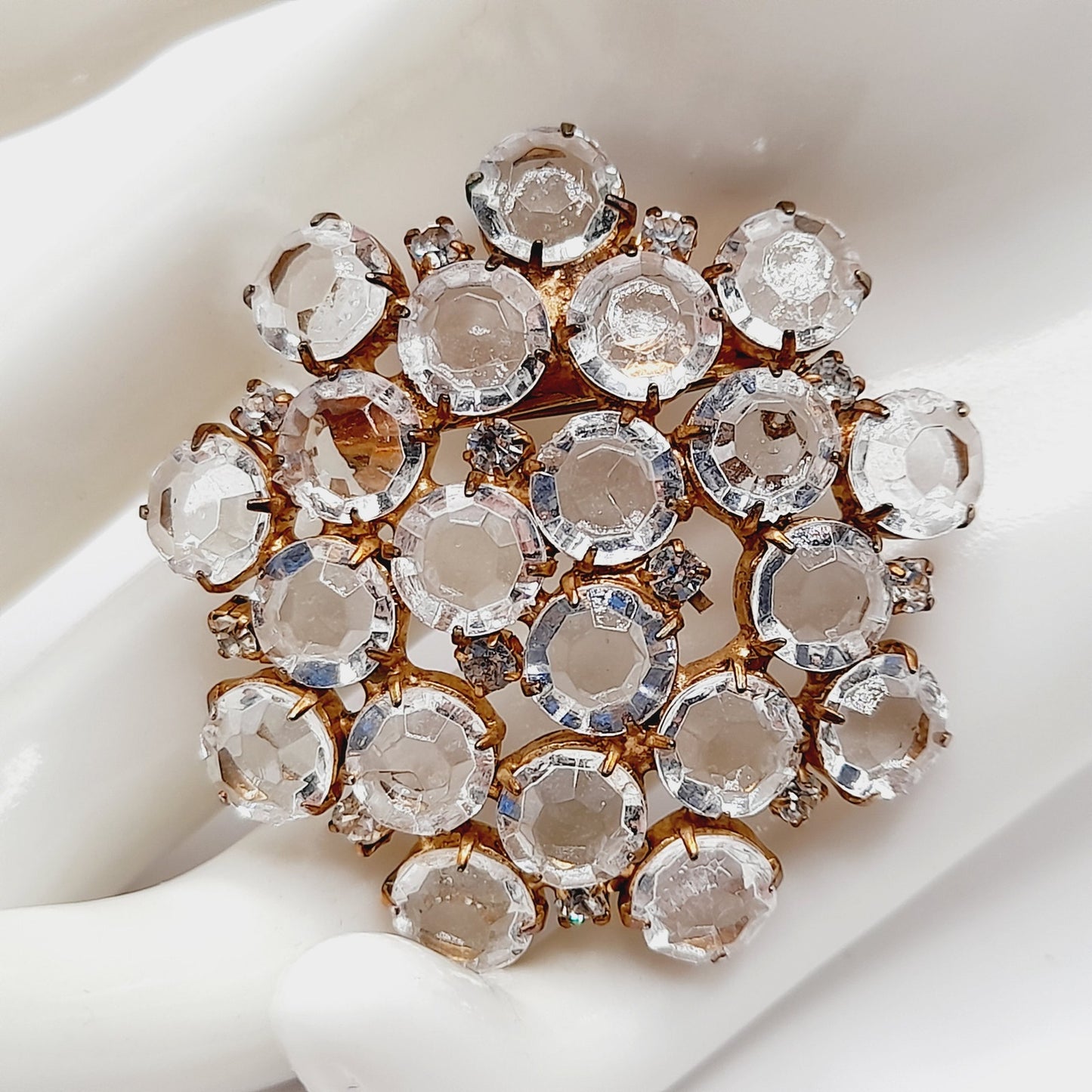 Vintage Clear Crystal Bezel Set Brooch Gold Tone Prong Setting Pin – 2”