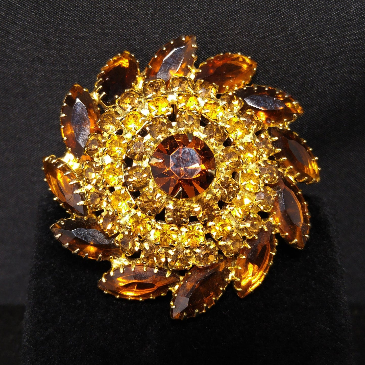Domed Topaz Rhinestone Brooch & Earrings Set, Gold Plated, 1960s