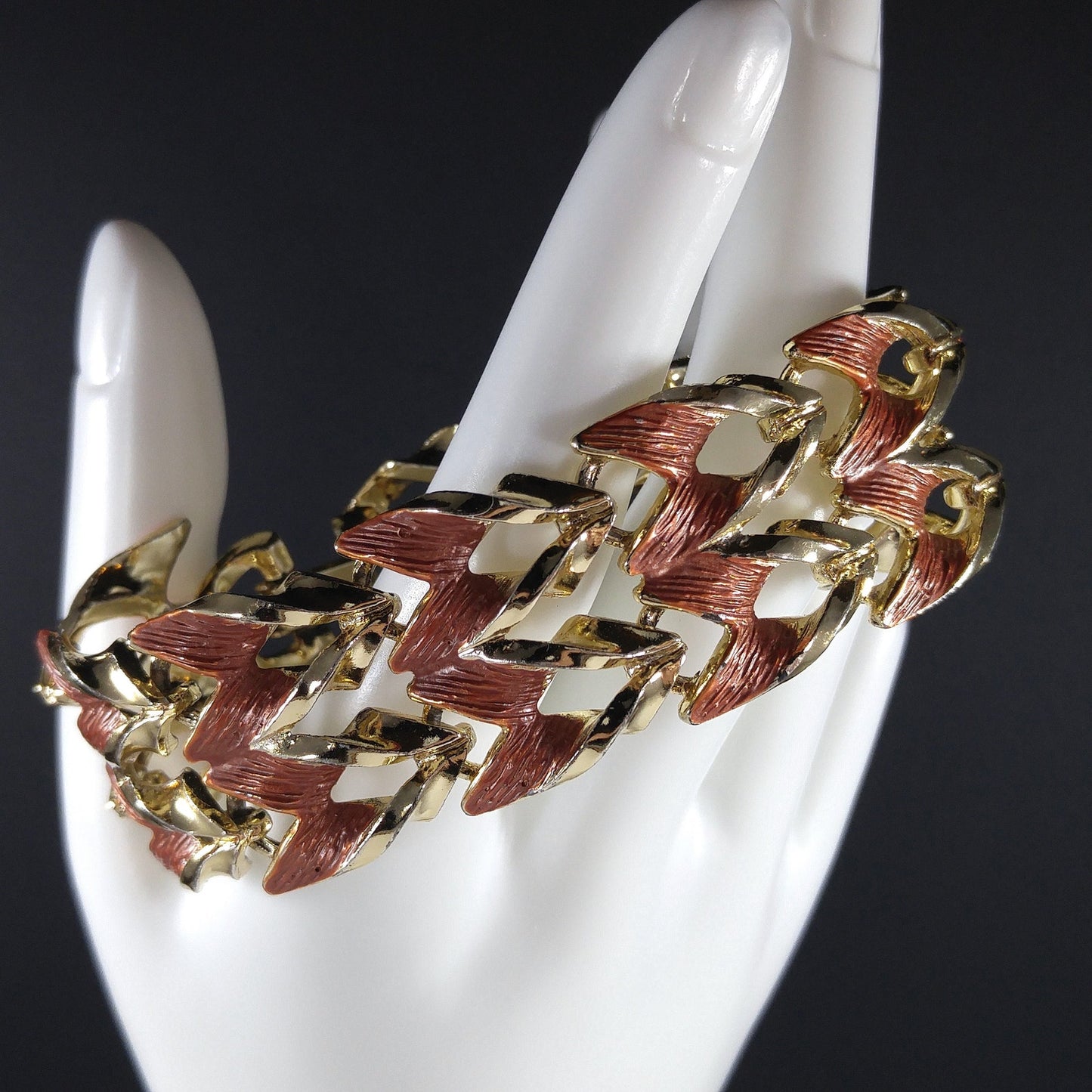 Rust Enamel Gold Plated Wide Link Bracelet, Mid Century Modern, 1950s Vintage Jewelry