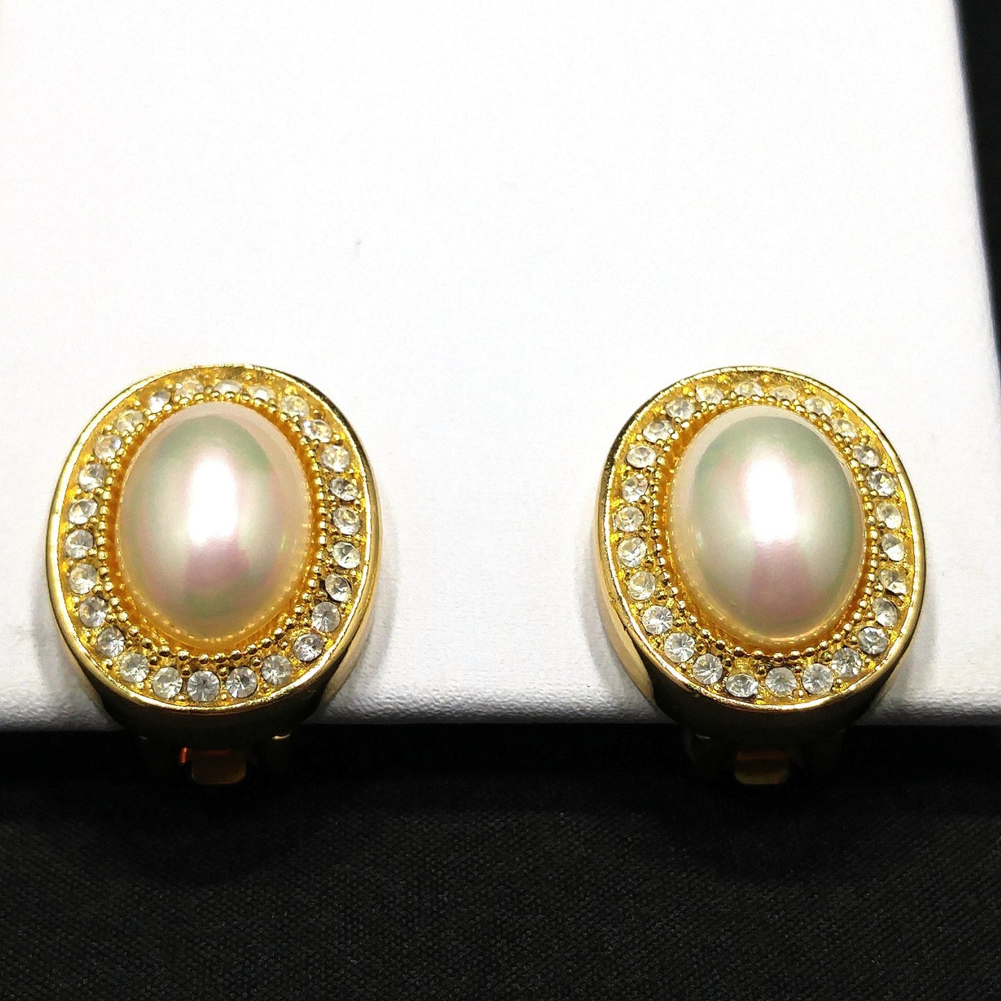 Christian Dior Faux Pearl Rhinestone Clip Earrings, Gold Plated, 1980s Vintage Jewelry