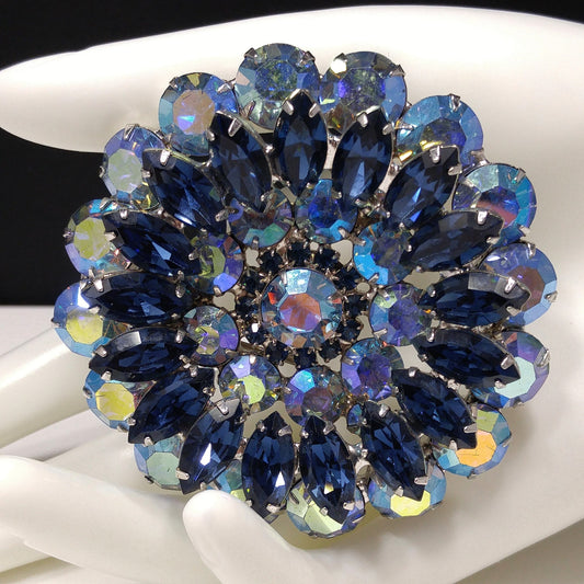 Mid Century Blue Aurora Borealis Brooch, Rhodium Plated, 1960s Vintage Jewelry