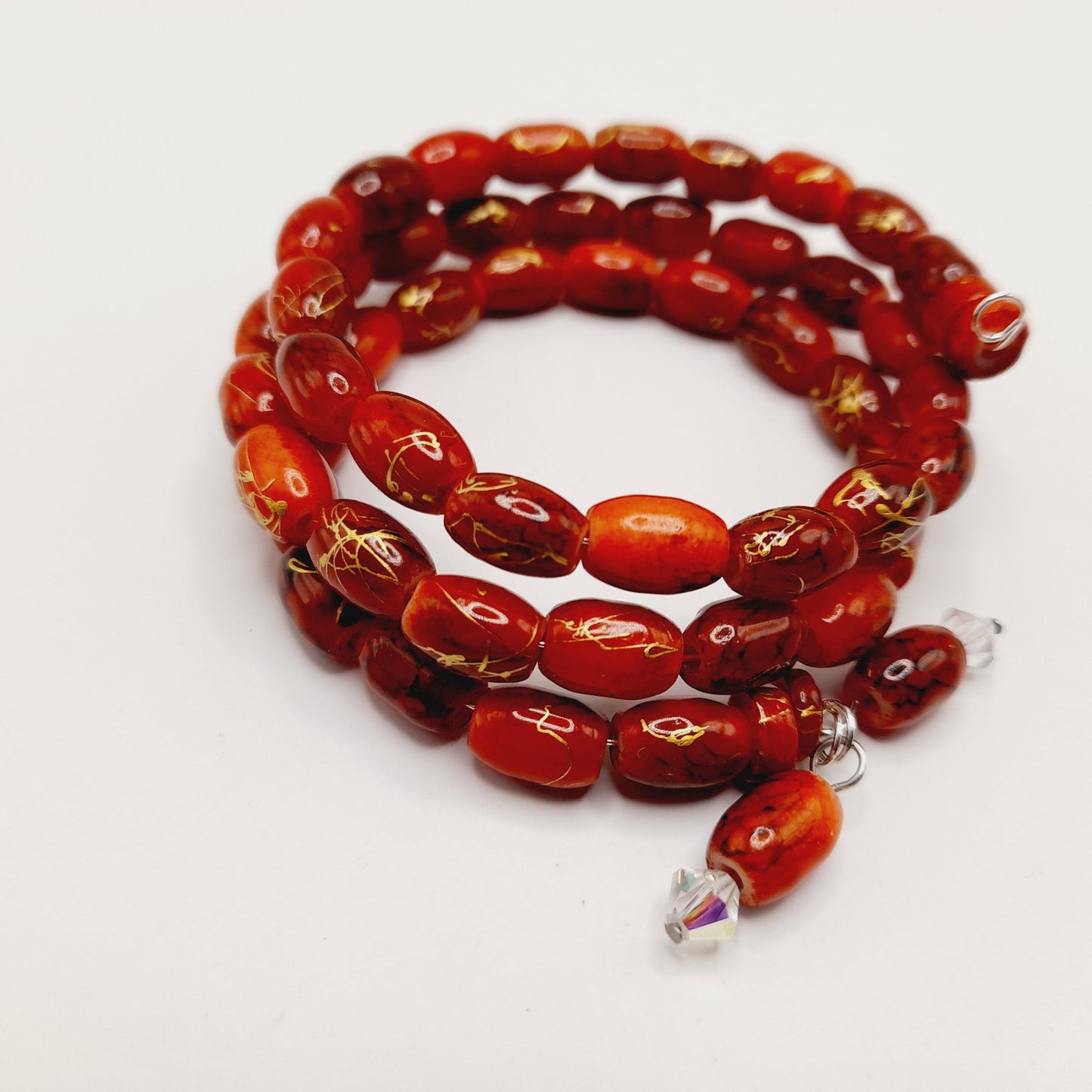 Vintage Asian Beaded Memory Wire Bracelet Red Glass Gold Accents Handmade Jewelry