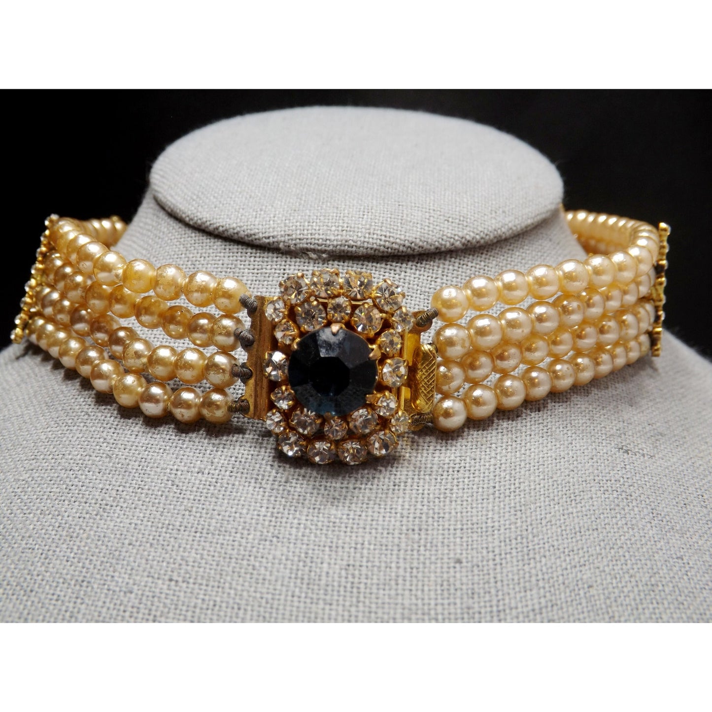 Blue Rhinestone Faux Pearl Collar Necklace, Three Strands, 14 Inches, 1950 Vintage Jewelry