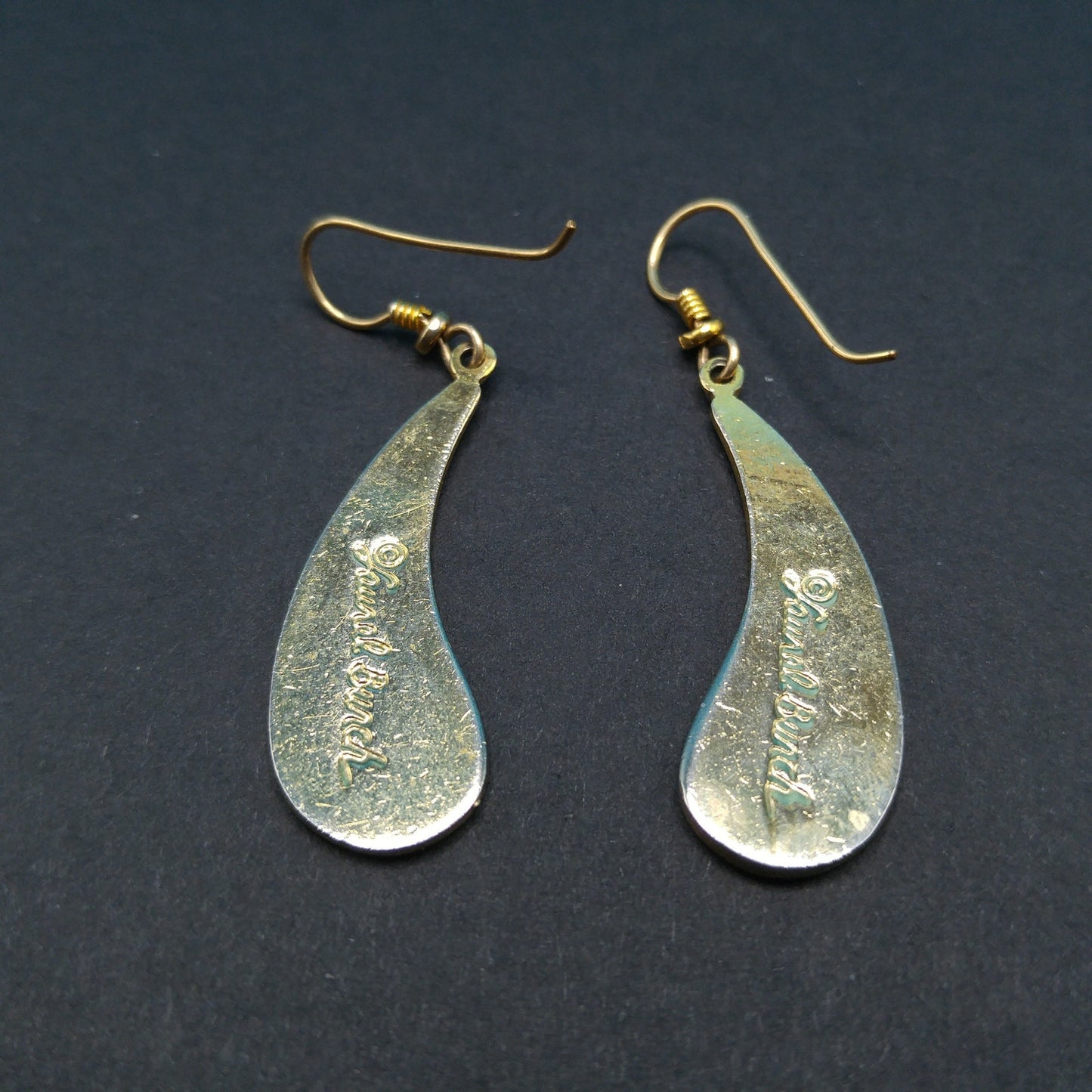 Vintage Laurel Burch Turquoise Drop Earrings, Curved Teardrop, Gold Plated