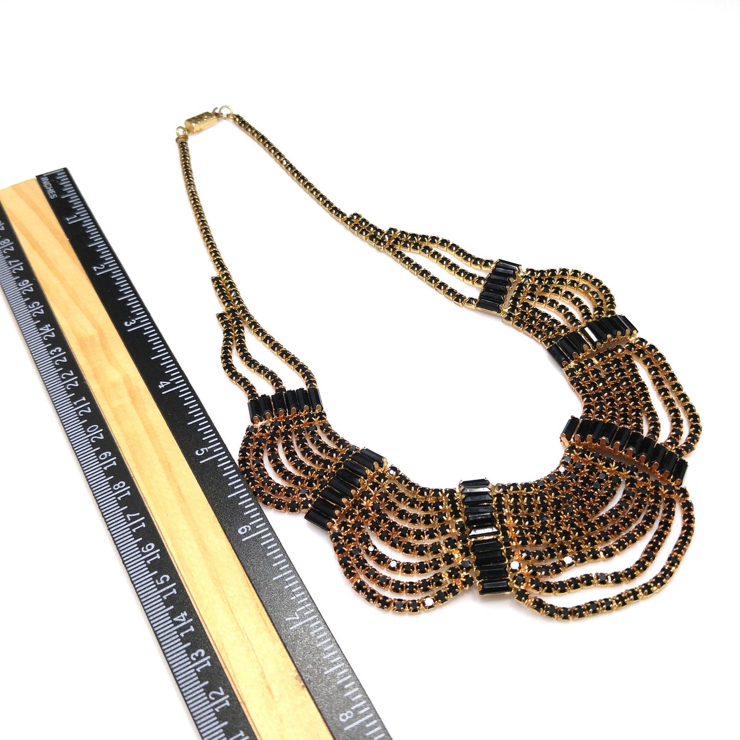 Black Rhinestone Festoon Necklace, Gold Plated, 1950s Vintage Jewelry
